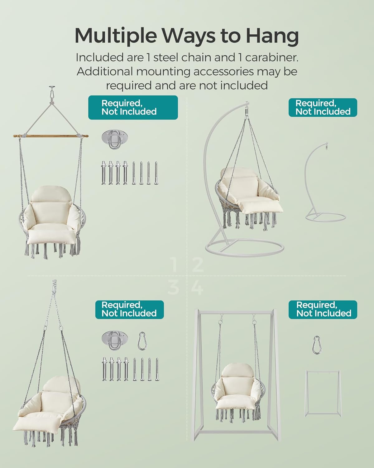 SONGMICS Hanging Chair, Boho Swing Chair with Large, Thick Cushion
