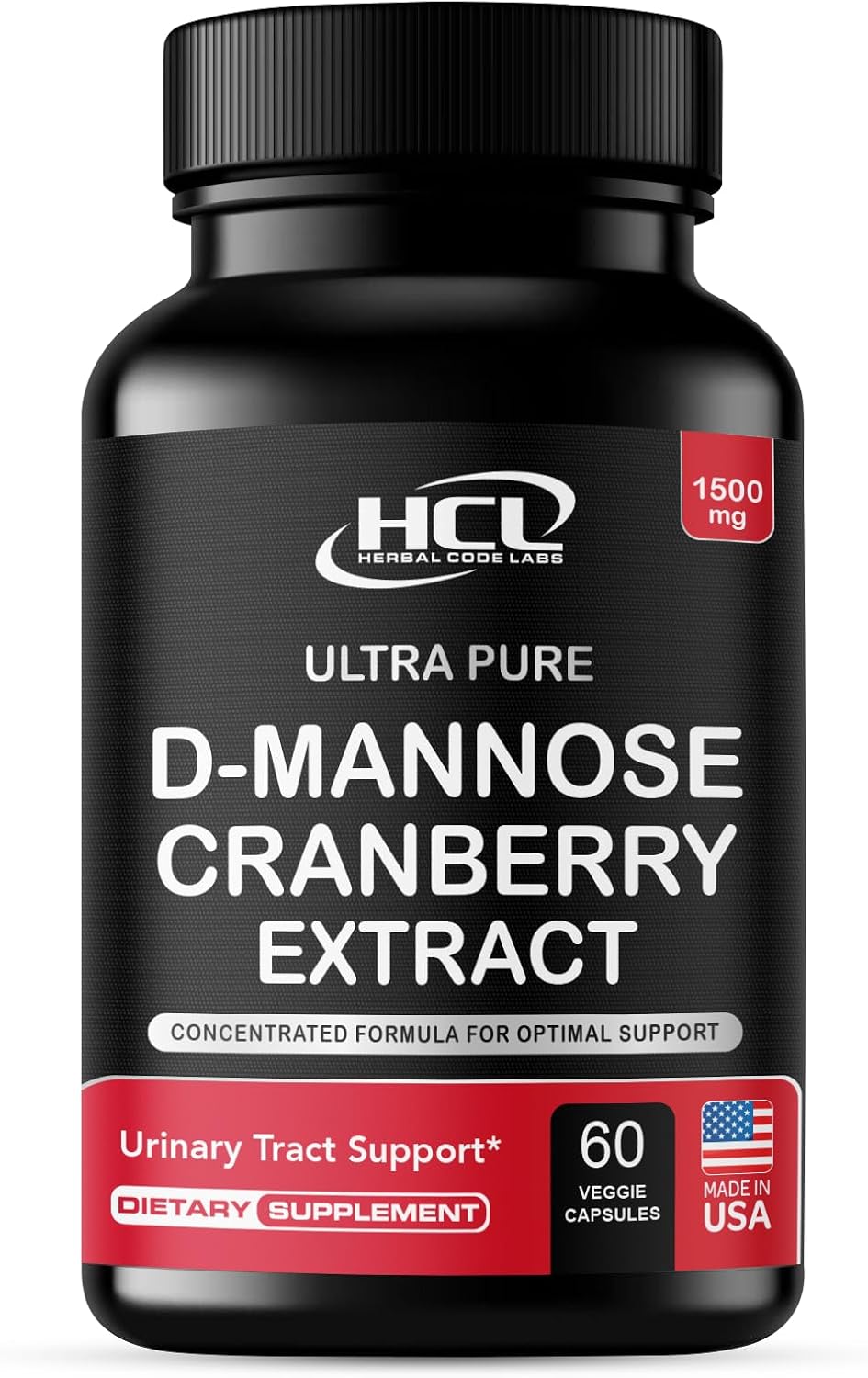 HCL HERBAL CODE LABS D-Mannose with Cranberry Extract Capsules 1500mg – High Potency USP Grade D-Mannose Supplement with Whole Fruit Cranberry