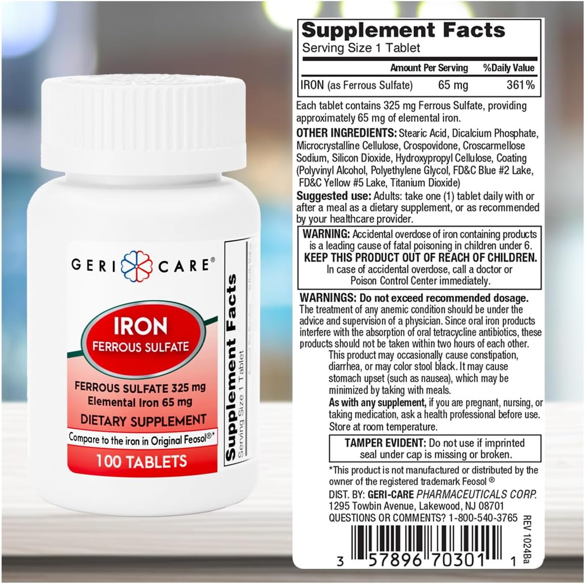 GeriCare Ferrous Sulfate Tablets 325mg, Elemental Iron 65 mg High Potency Iron Supplement | Dietary Supplement 100 Count. (Pack of 1)