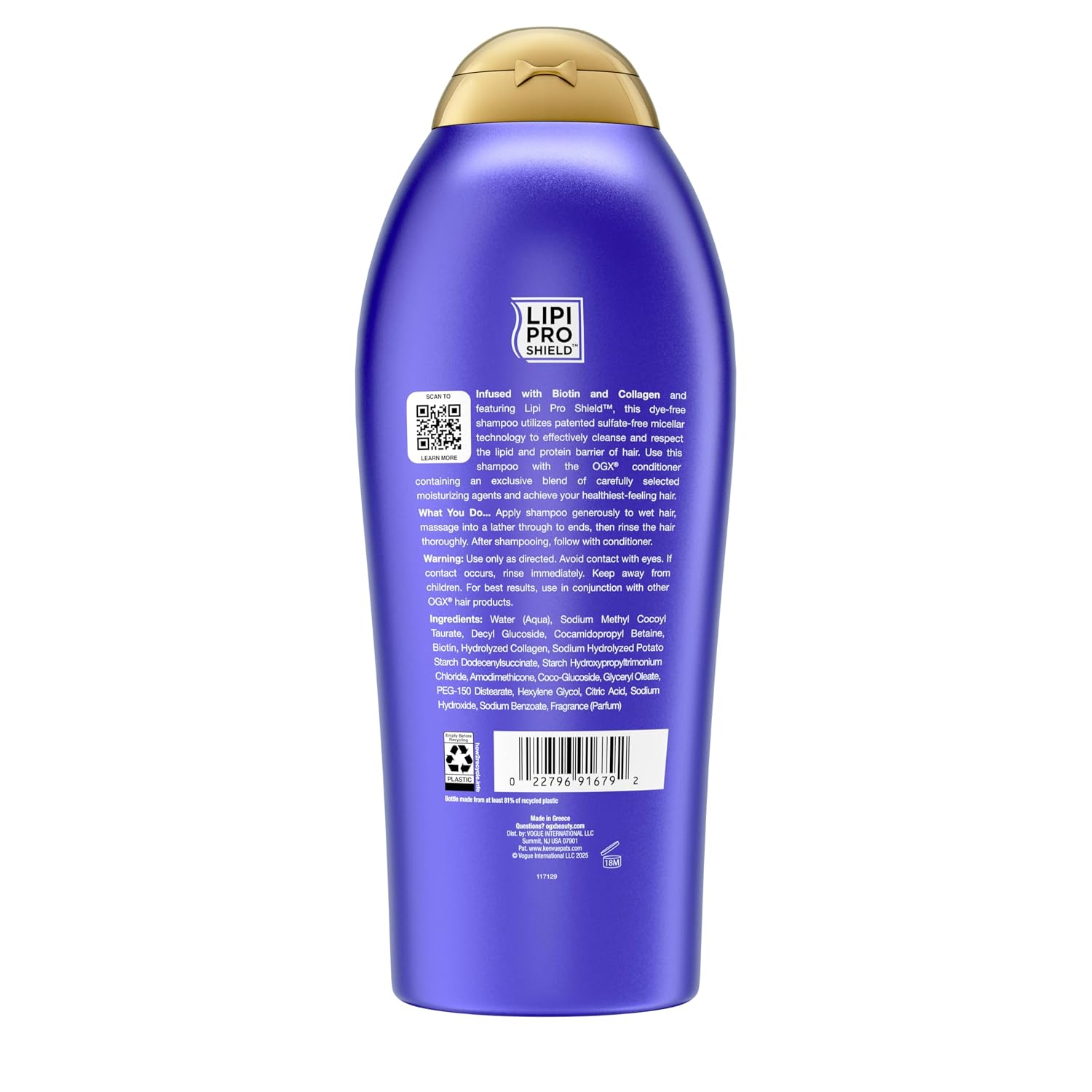 OGX Thick & Full + Biotin & Collagen Volumizing Shampoo, Nutrient-Infused Hair Shampoo with Vitamin B7 Biotin Gives Hair Volume & Body for 72+ Hours, Sulfate-Free Surfactants, 13 fl. oz