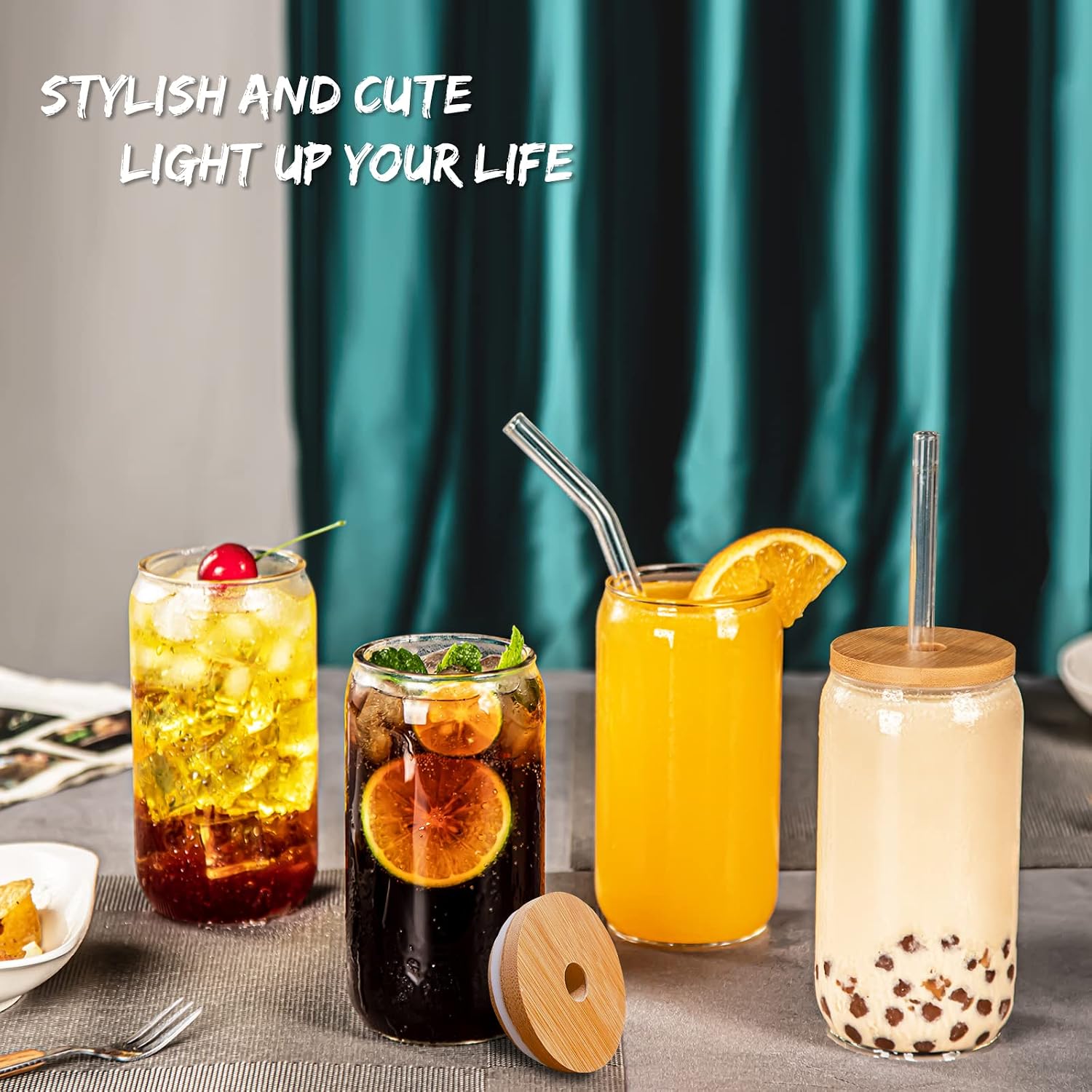 16 Oz Drinking Glasses - 8 Pcs Glass Cups with Bamboo Lids and Straws | Food-grade durable clear tumbler, Coffee bar accessories, Aesthetic gift