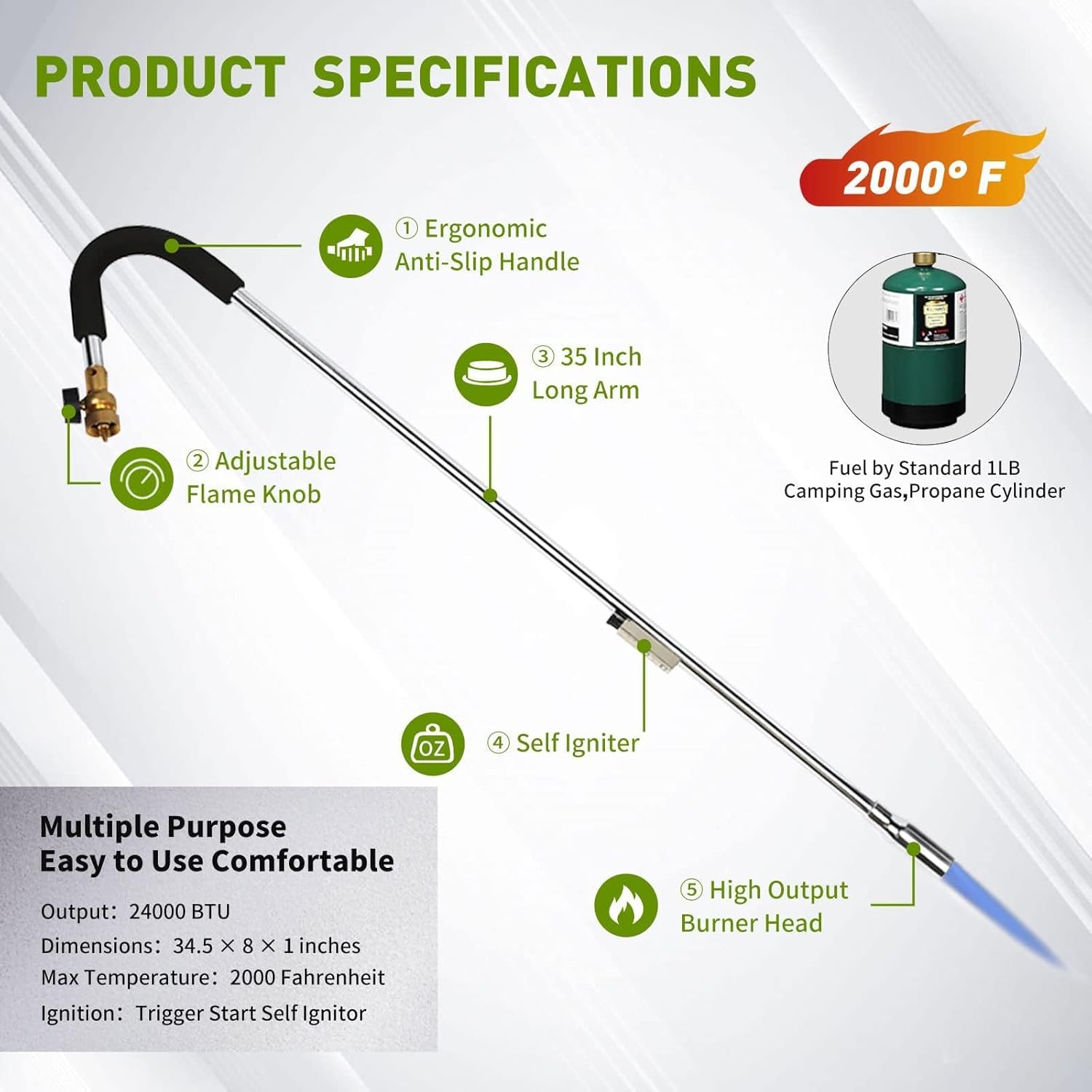 KOMAN Weed Torch Propane Burner, 35" Long Arm, Self-Ignition, Fuel by 1LB /5-40LB Propane Tank, for Roofing, Weeding
