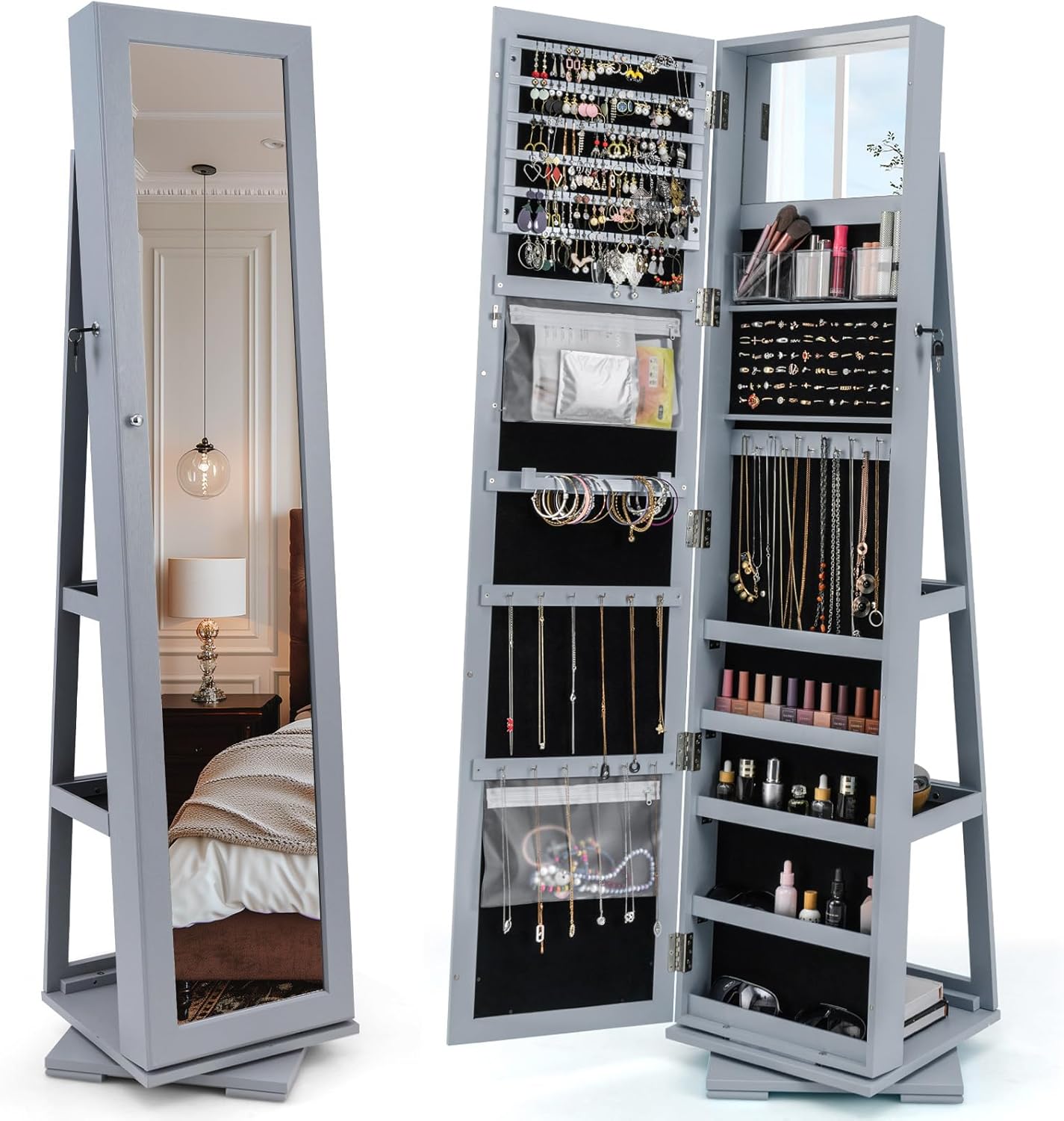 CHARMAID 360° Swivel Jewelry Armoire with Higher Full Length Mirror, Standing Lockable Jewelry Cabinet Organizer with Large Storage Capacity