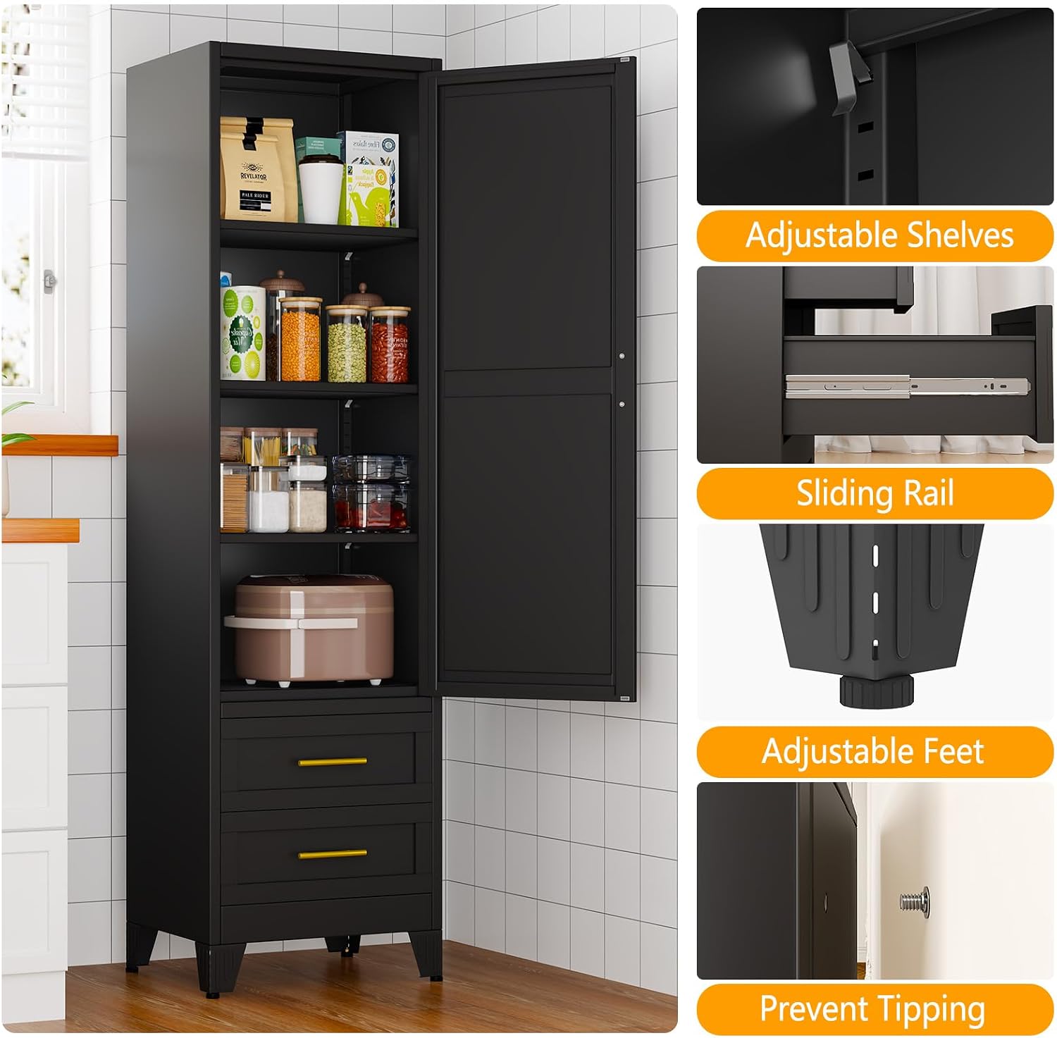 Ckzbx Tall Narrow Storage Cabinet 66.93" H Tall Bathroom Cabinet Metal Pantry Cabinets, 4 Adjustable Shelves for Kitchen, Home Office, Living Room, Dinning Room (20 inches Wide White)
