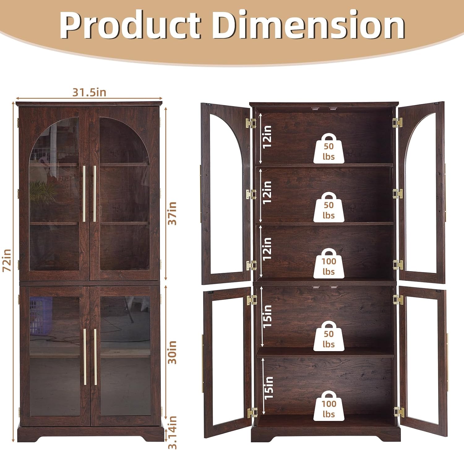 Joaxswe 72" Tall Bookshelf with 4 Curved Glass Doors, Farmhouse Bookcase with 3-Tier Adjustable Shelves, Modern Living Room Display Cabinet, Large Storage Cabinet for Home Office,Dining Room, Natural