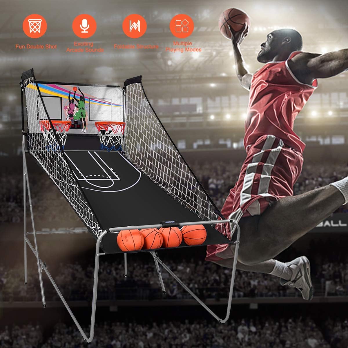 GYMAX Arcade Basketball Game Indoor Foldable with 8 Game Modes, Arcade Sound, 4 Balls and Inflation Pump, Electronic Basketball Games for All Ages Home