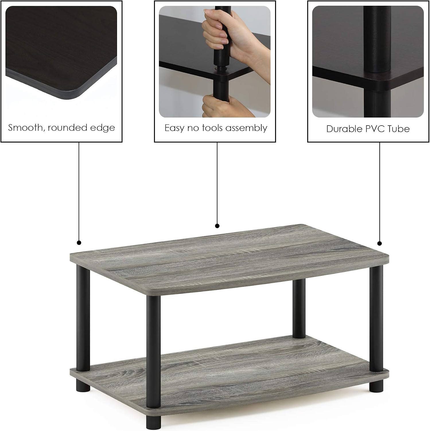 Furinno Turn-N-Tube TV Riser Stand, 2-Tier Small Elevated No Tools TV Stand, TV Console for TV up to 32 inch, 15.8 x 23.8 x 11, for Living Room, Bedroom, French Oak/Black