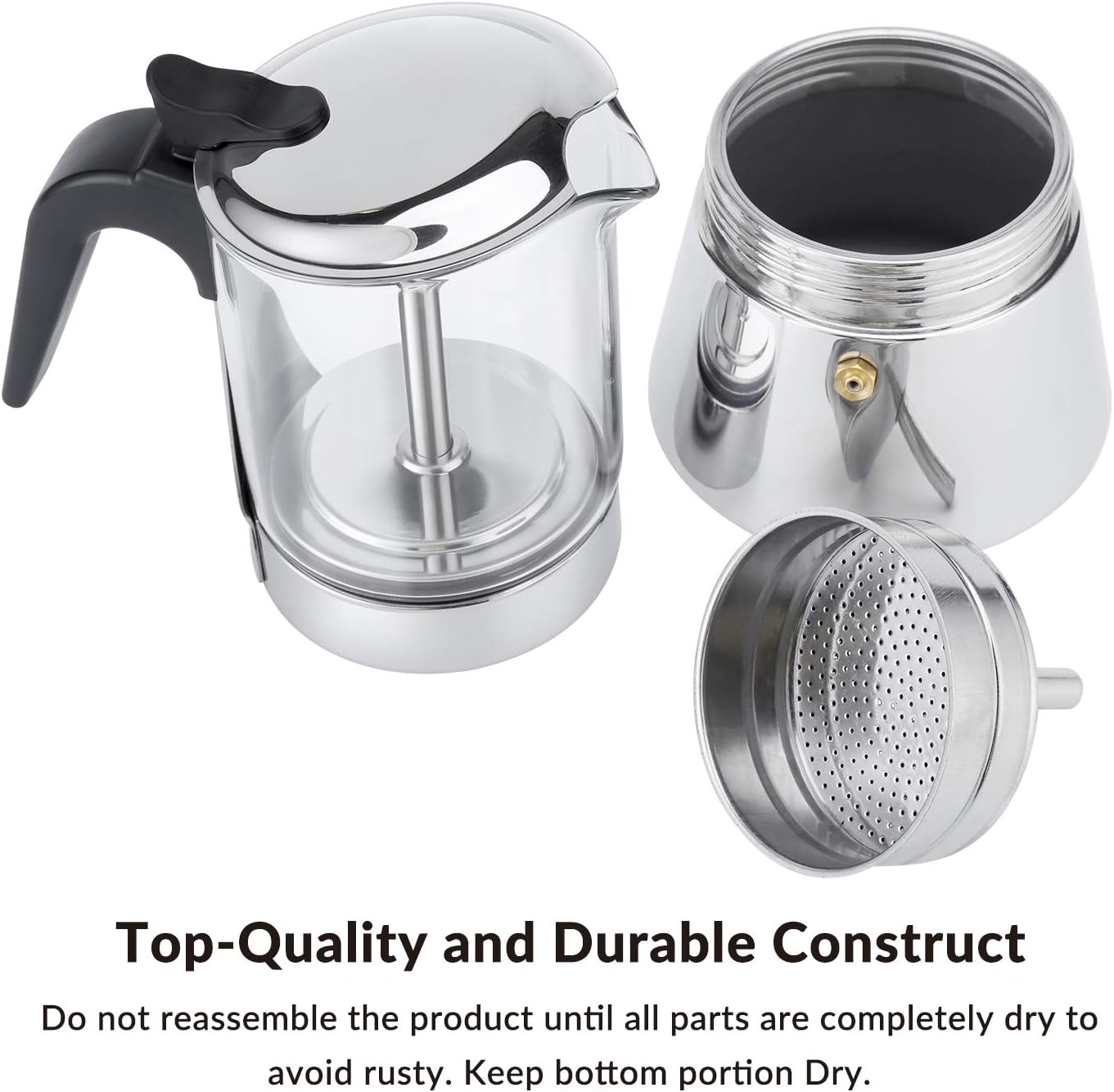 Geesta Premium Crystal Glass-Top Stovetop Espresso Moka Pot - 4/6/ 9 Cups - Stainless Steel Coffee Maker- 160ml/5.6oz/4 cup (espresso cup=40ml)