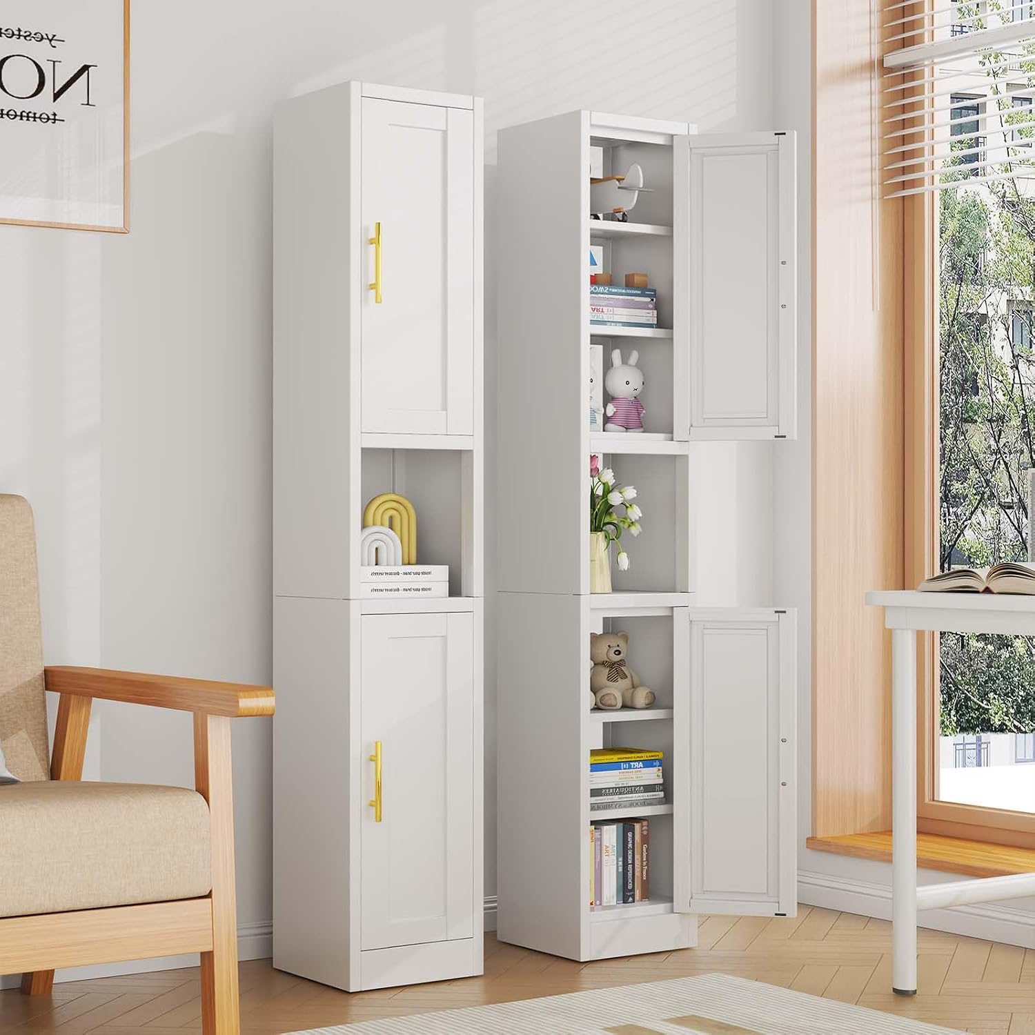 pozdeg 67" Tall Narrow White Metal Storage Cabinet | 2 Doors, 4 Adjustable Shelves, Freestanding Slim Pantry Organizer for Bathroom Kitchen Living Room
