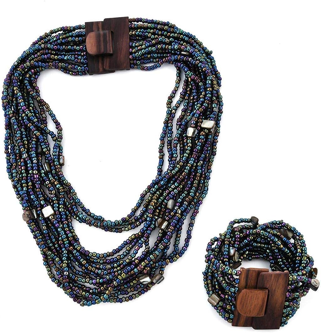 Shop LC Seed Bead Wooden Buckle Stretch Bracelet Multi Strand Layered Necklace Jewelry Set for Women Birthday Gifts 18"
