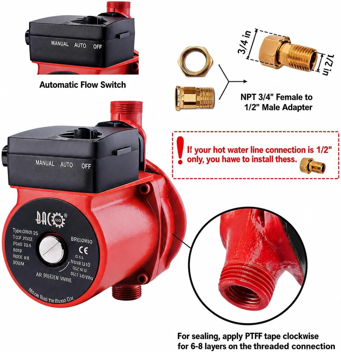 BACOENG Hot Water Recirculating Pump, Stainless Steel Head, Circulation Pump NPT 3/4", 3-Speed Control, Circulating Pump for Water Heater System