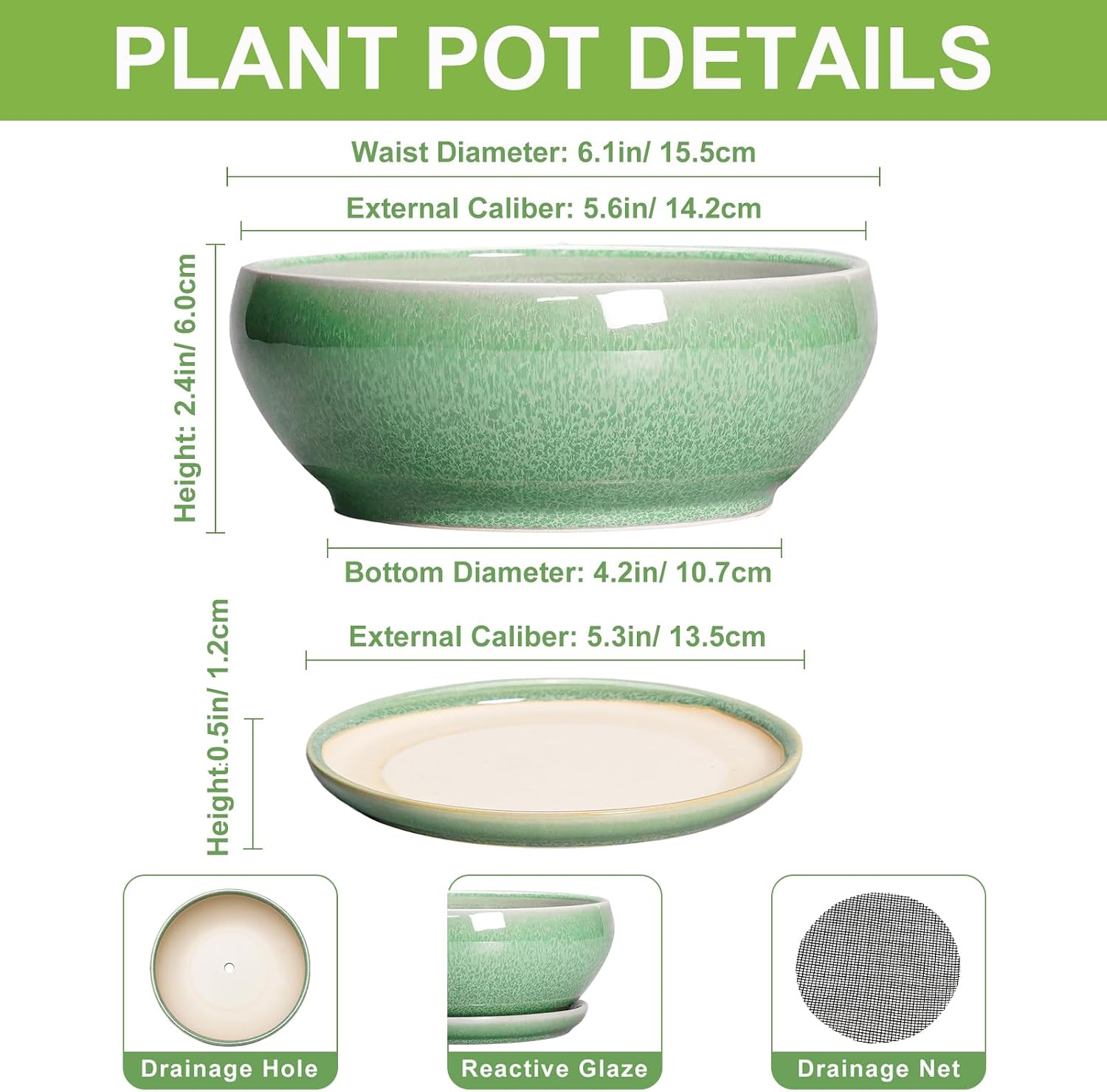SQOWL 7 Inch Round Ceramic Succulent Planter Pot Drip Glazed Shallow Planter with Drainage Bamboo Tray for Indoor Plants