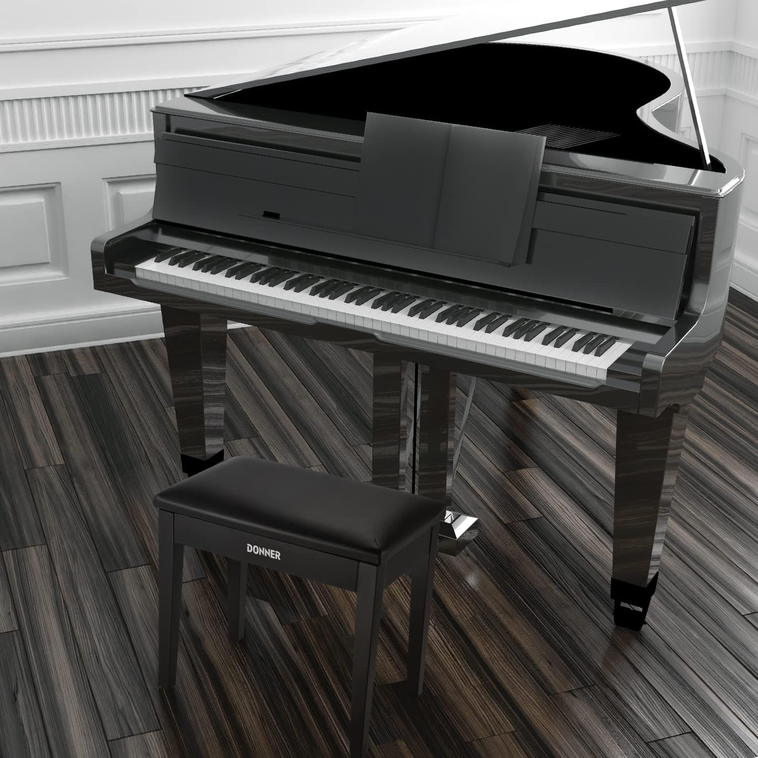 Donner Piano Bench with Storage, Solid Wood Keyboard Bench Piano Bookcase Stool Chair Seat with High-Density Sponges Pad, Black