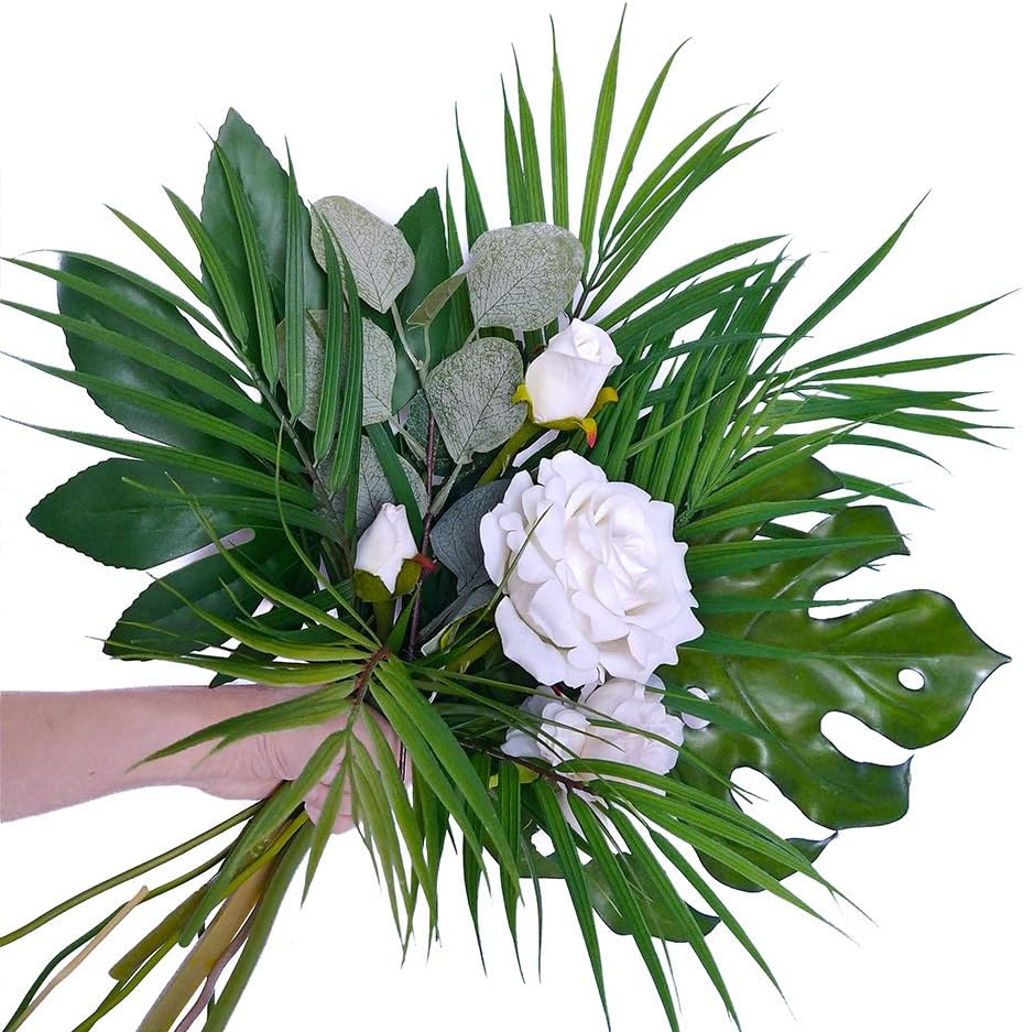 Artificial Areca Palm Leaves, 8 Pcs Faux Tropical Palm Tree Leaves Stems for Floral Arrangement, Hawaiian Luau, Jungle Beach Wedding Party Decor