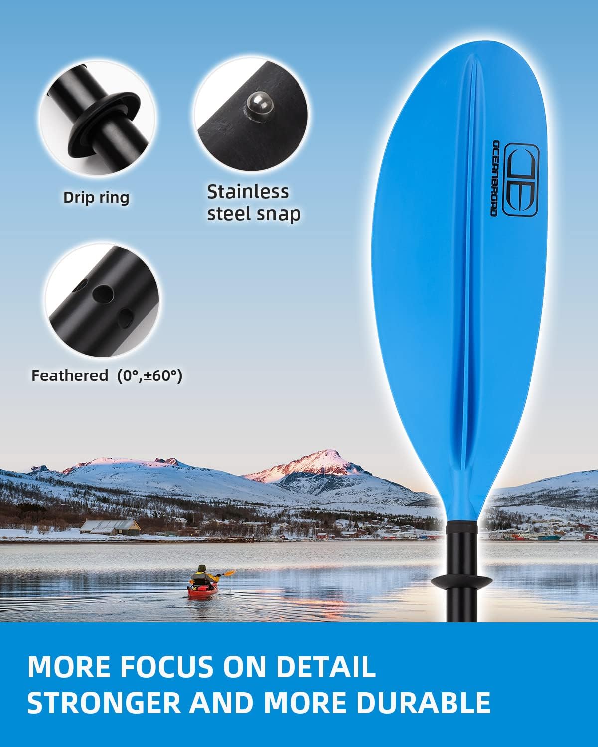 OCEANBROAD Kayak Paddle 86in/218cm, 90.5in/230cm, 95in/241cm Alloy Shaft Kayaking Boating Canoeing Oar with Paddle Leash