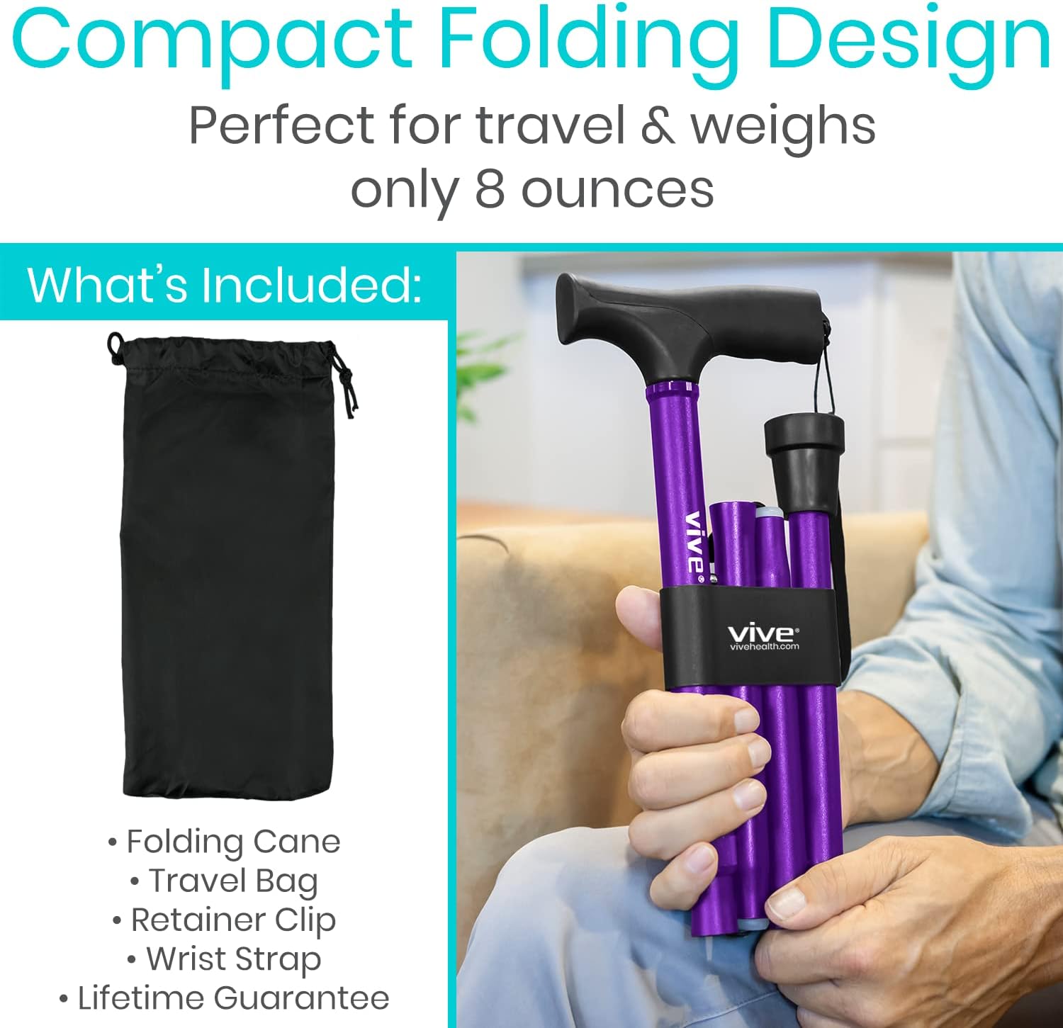 Vive Folding Cane - Foldable Walking Cane for Men, Women - Fold-up, Collapsible, Lightweight, Adjustable, Portable Hand Walking Stick - Balancing Mobility Aid - Sleek, Comfortable | Lightweight, Adjustable, Portable Hand Stick Balancing Mobility Aid Slee…