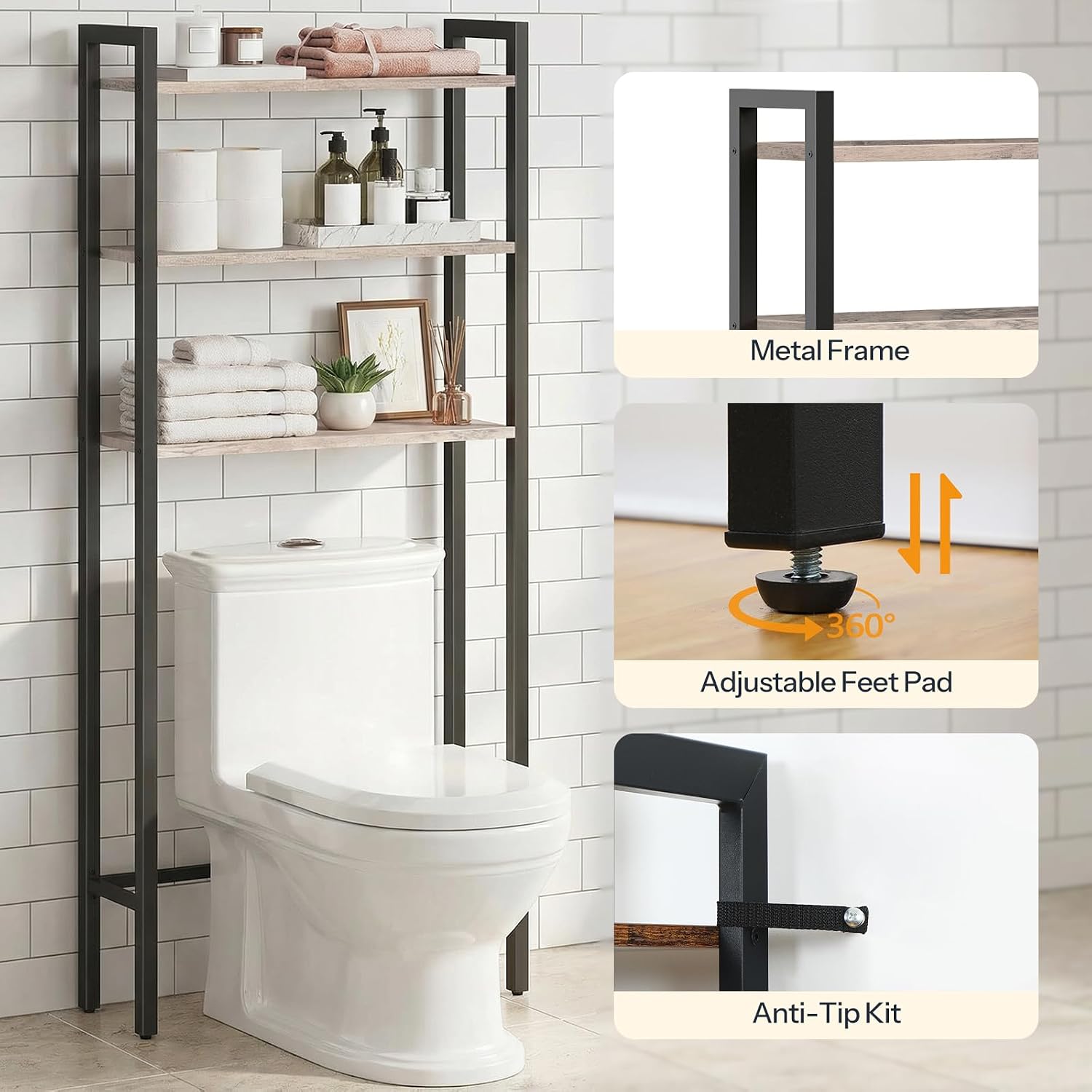HOOBRO Over The Toilet Storage, 3-Tier Bathroom Organizer Shelf Over Toilet, Freestanding Bathroom Storage Shelves, Space Saver