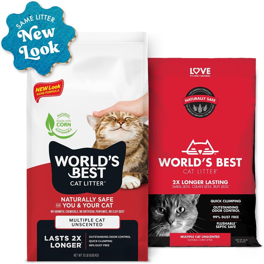 World's Best Cat Litter, Multiple Cat, Unscented, Lasts 2X Longer, 8 lb Bag | Controls tough multi-cat odors and lasts 2x longer; natural corn litter, quick clumping, flushable, 99% dust free