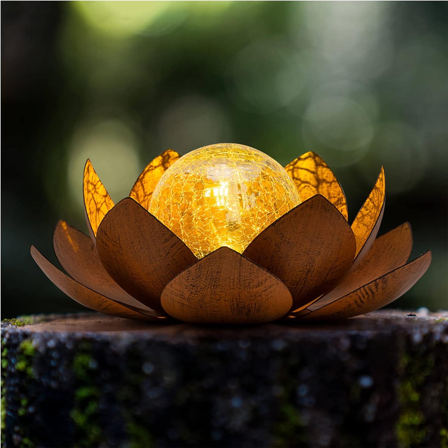 Huaxu Solar Lights Outdoor Garden, Crackle Globe Glass Lotus Decor, Waterproof LED Metal Flower Decorations for Patio,Lawn,Walkway,Tabletop,Ground