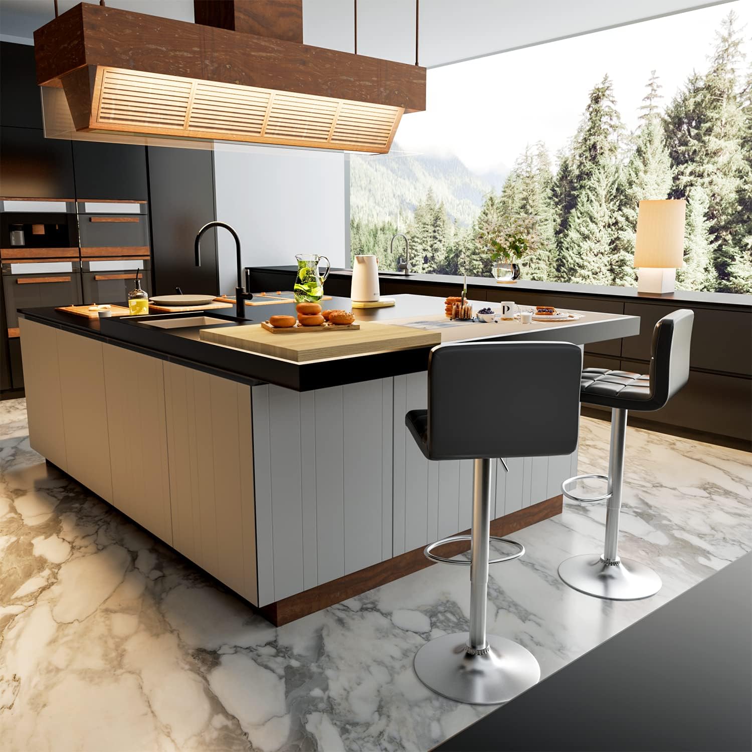 Homall Bar Stools Modern PU Leather Adjustable Swivel Barstools, Armless Hydraulic Kitchen Counter Bar Stool Extra Height Square Island Barstool with Back Set of 2 (Leather, White)