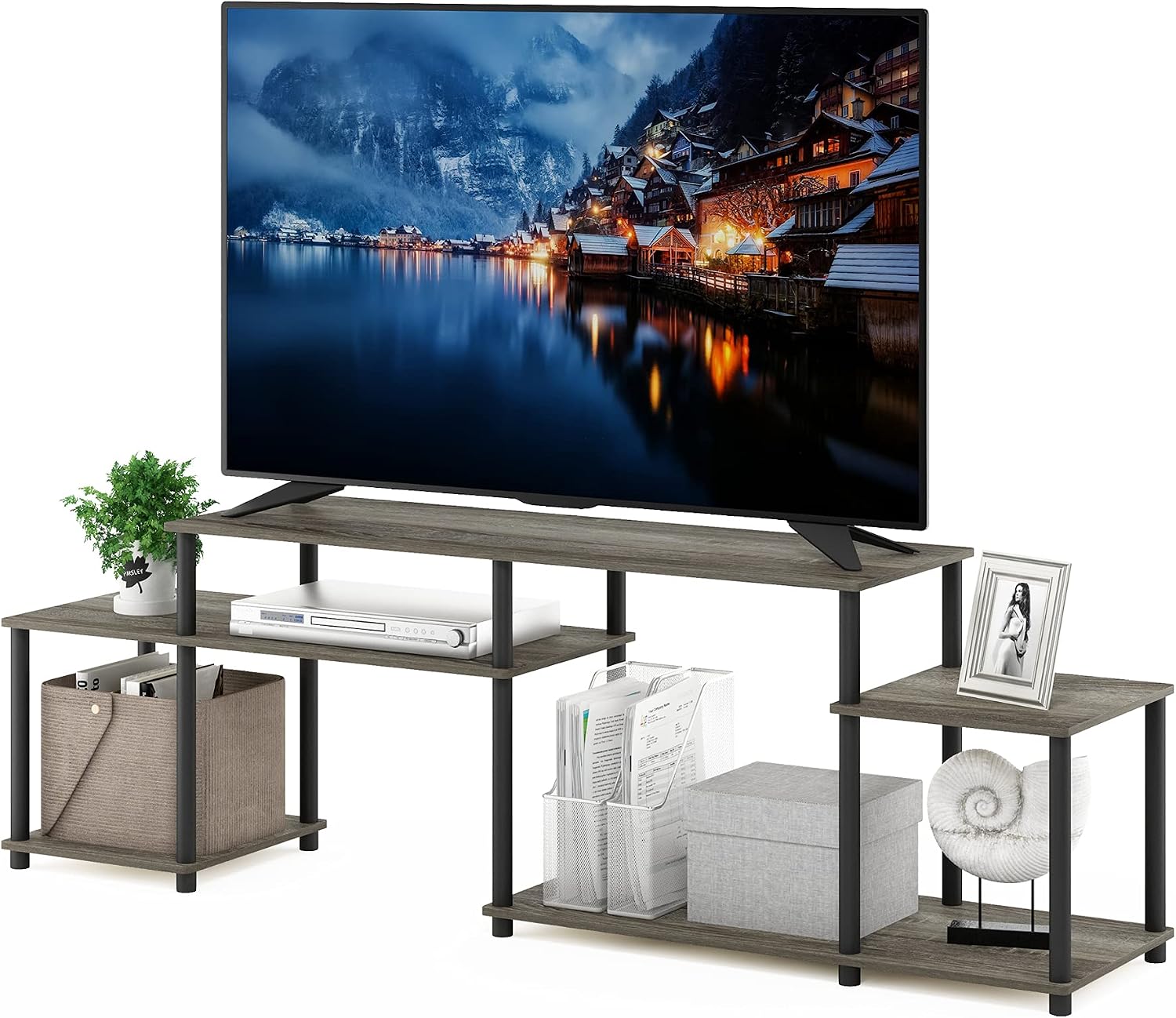Furinno Nelly TV Stand, 3-Tier Entertainment Center with Open Shelves Storage, TV Console for TV up to 55 Inch, Soft Edges, for Living Room, Bedroom, Black