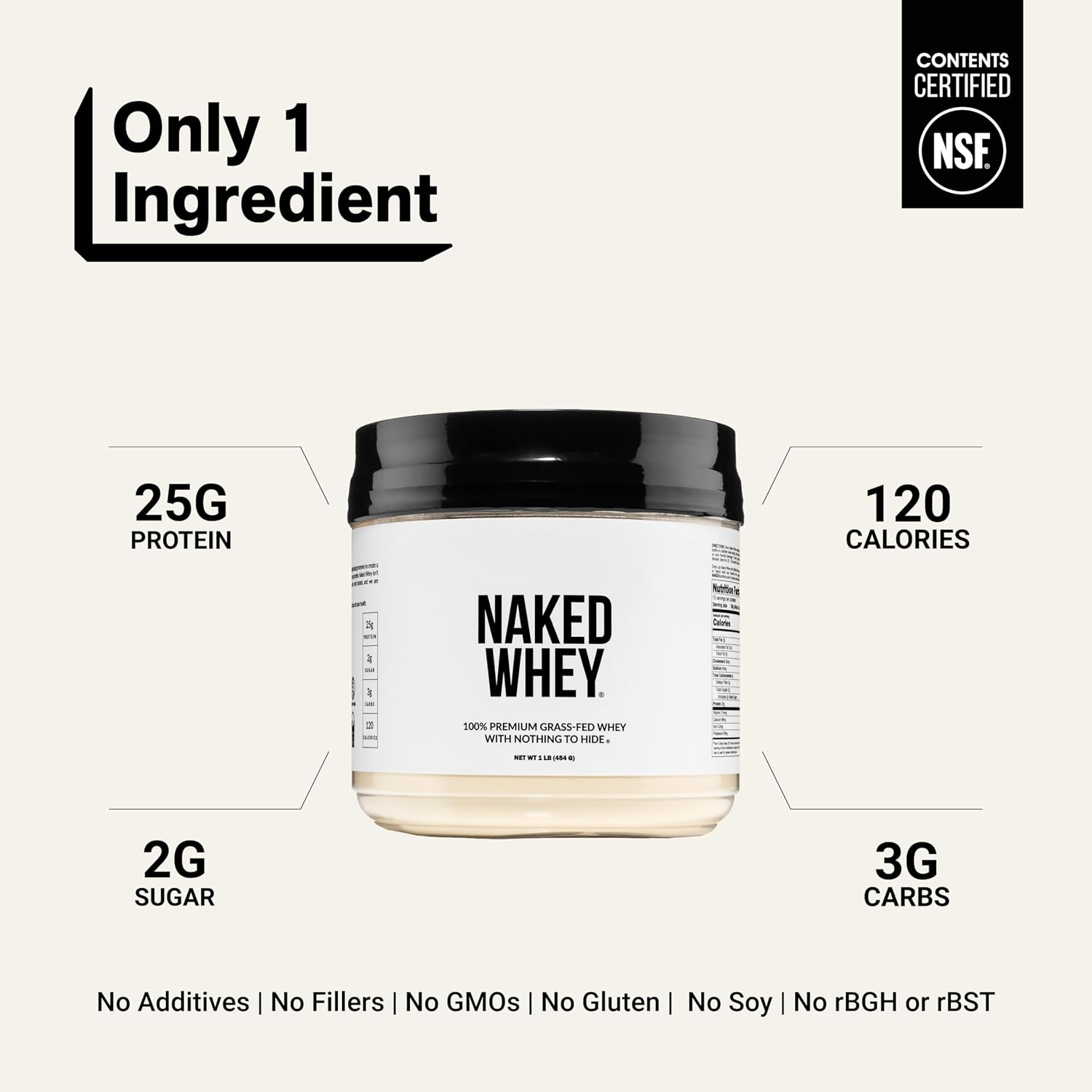 NAKED Whey 5LB 100% Grass Fed Unflavored Whey Protein Powder - Only 1 Ingredient, NSF Certified, Undenatured, Gluten Free, Soy Free, Promote Muscle Growth and Recovery - 76 Servings