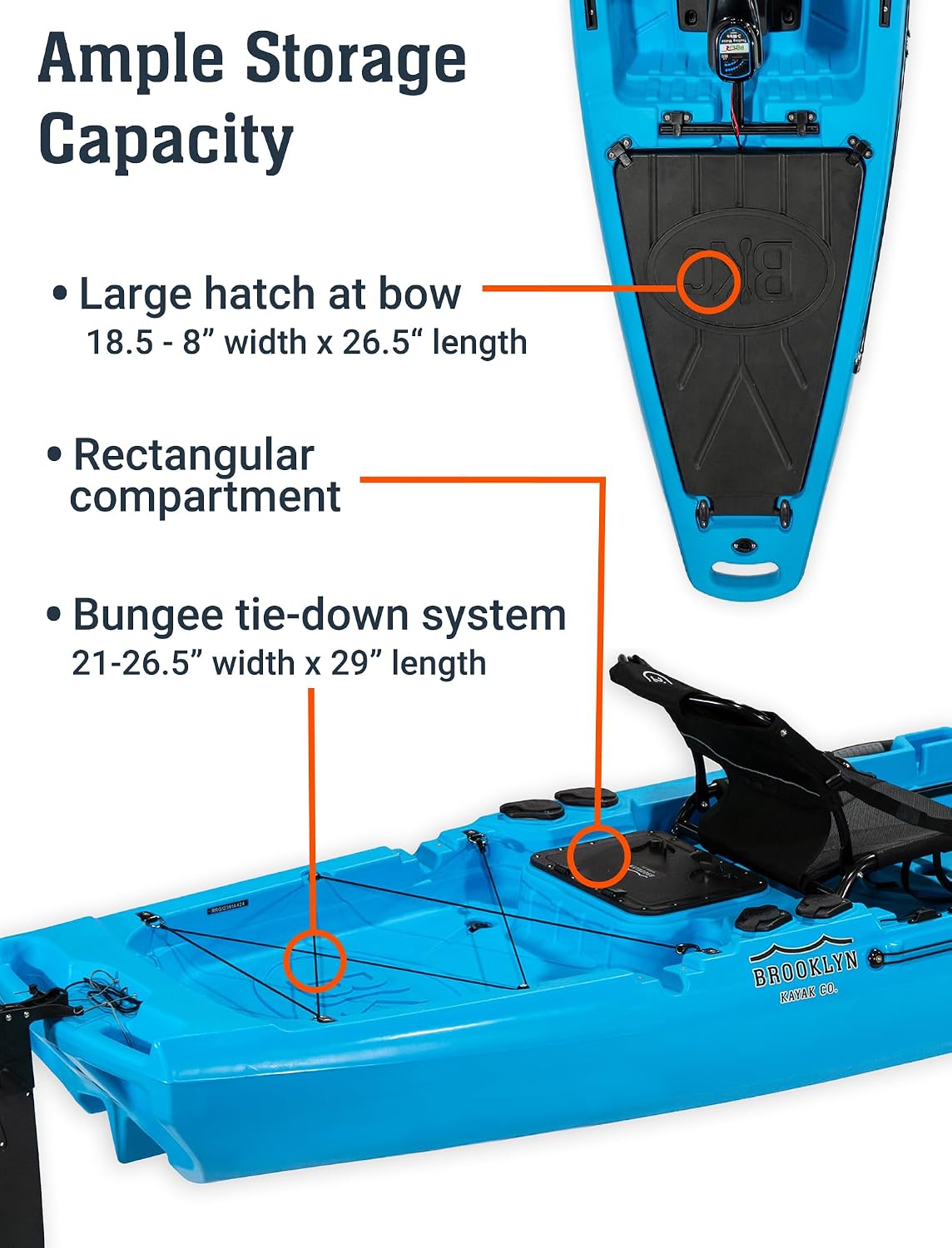 BKC Brooklyn 12.5 Pro Pedal Fishing Kayak, Propeller Drive | Hands-free propeller drive, rudder steering, 550 lb capacity, dry storage, rod holders, 12.5 ft sit-on-top hull