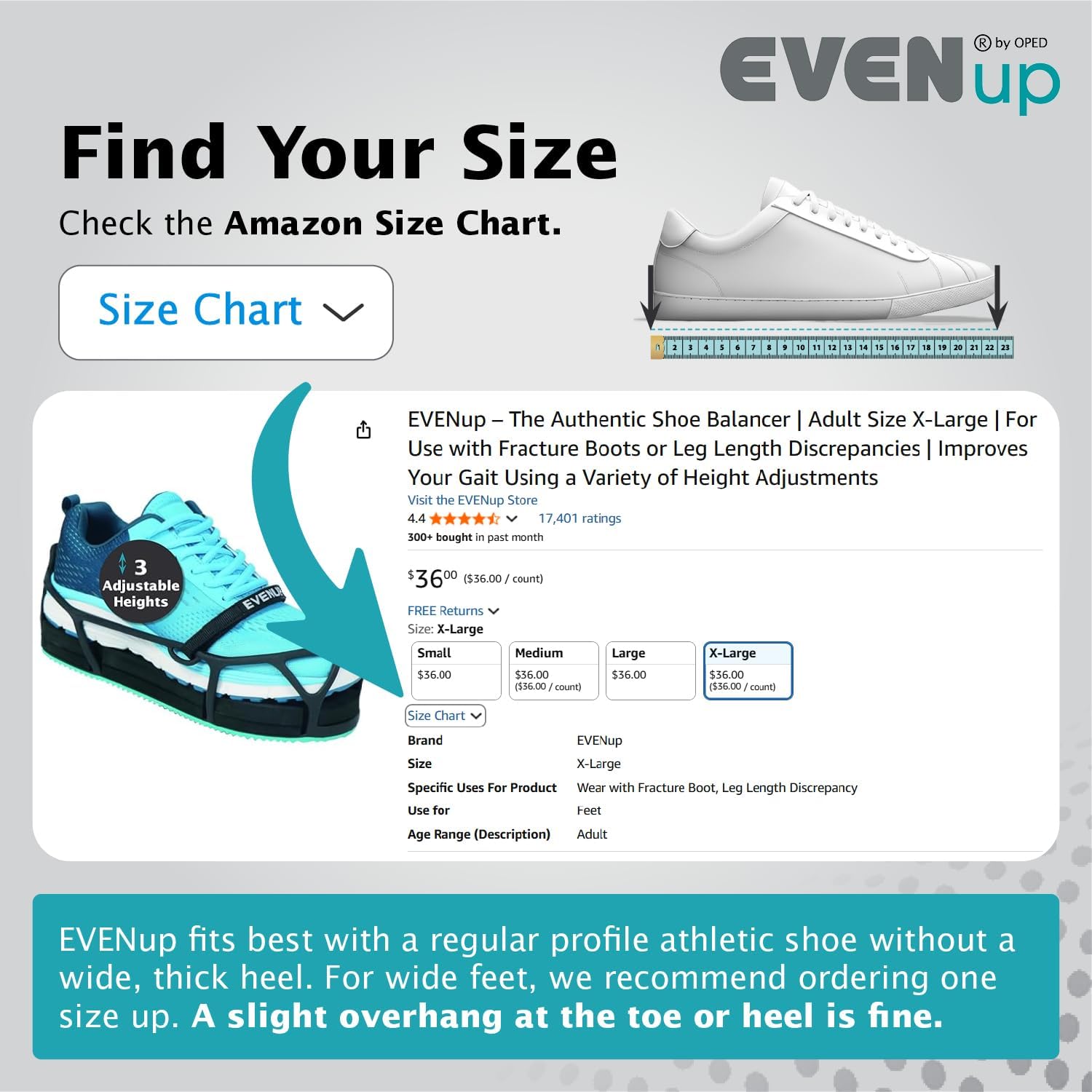 EVENup - Shoe Lift for Walking Boot I Adult Size Large I Shoe Balancer for Use with Fracture Boots or Leg Length Discrepancy I 3 Adjustable Heights