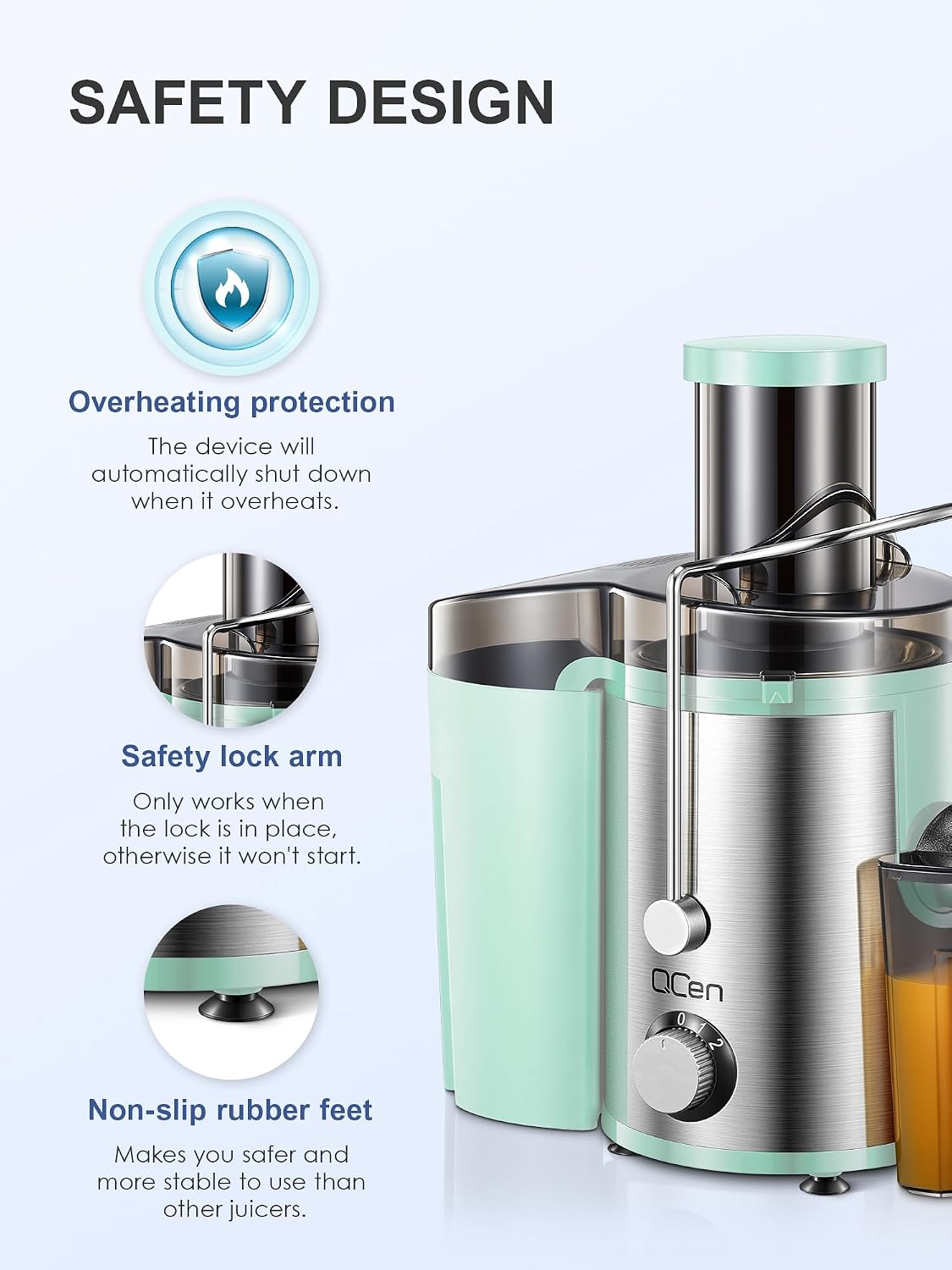 QCen Juicer Machine 500W Centrifugal Juicer with Extra Wide Feed Chute