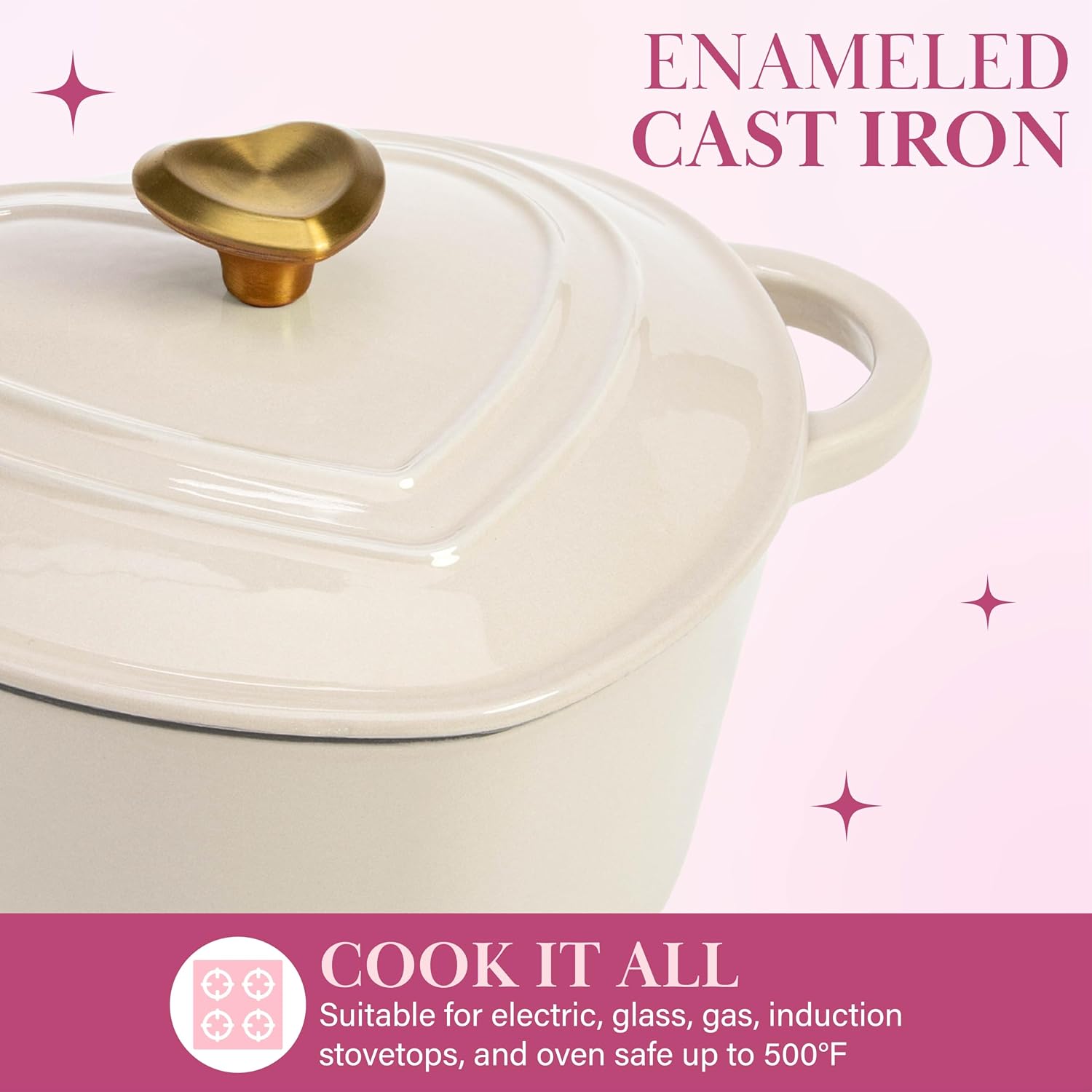 Paris Hilton Enameled Cast Iron Dutch Oven Pot with Lid, Heart-Shaped Dutch Oven, Durable Cast Iron Pot with Dual Handles, Oven Safe to 500°F, Works on All Stovetops, 2-Quart, Cream