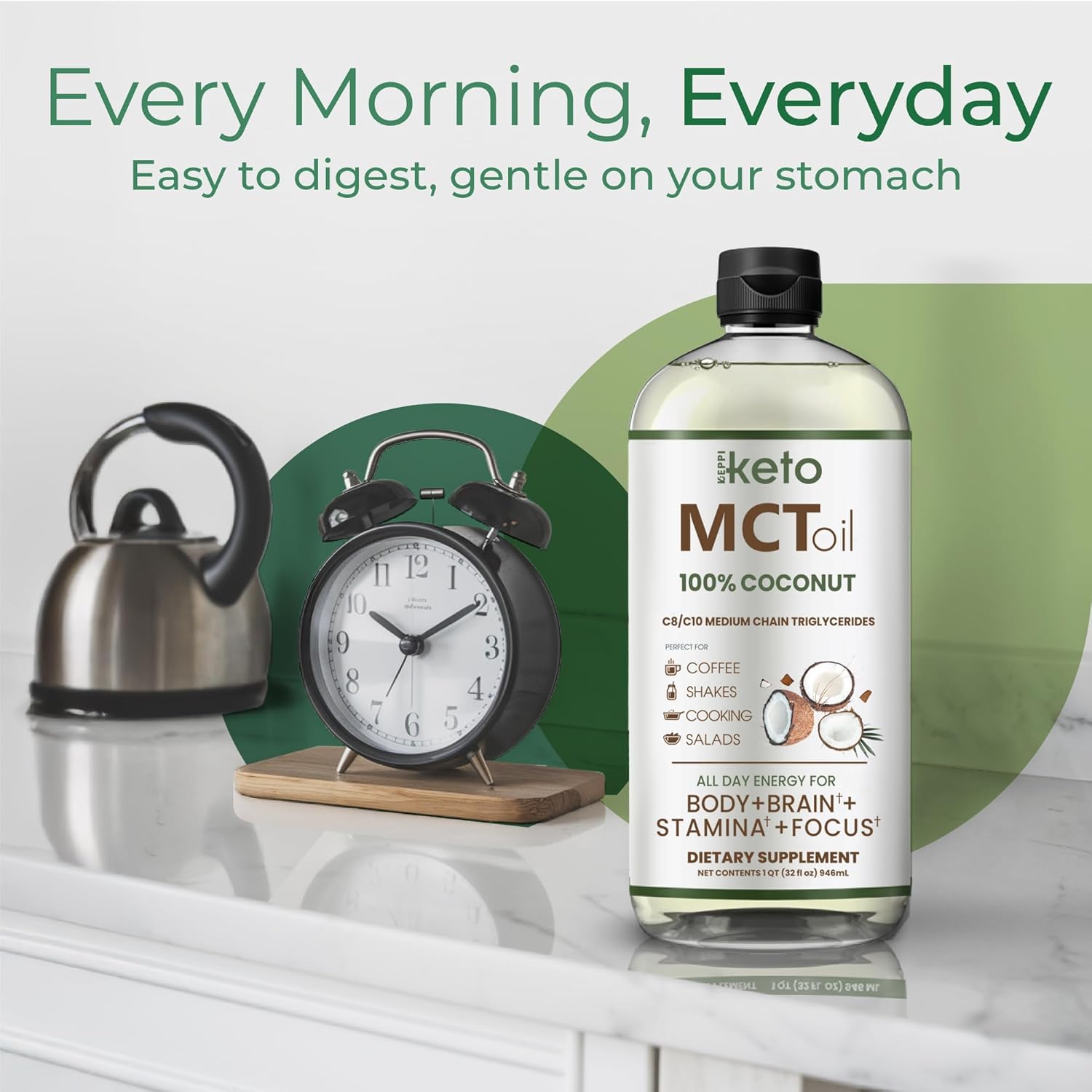 Keppi MCT Oil - From 100% Coconuts - Flavorless C8 and C10, Non-GMO, Certified Gluten-Free, Palm Oil Free, Vegan, Kosher, Halal, 32 oz Coconut Oil