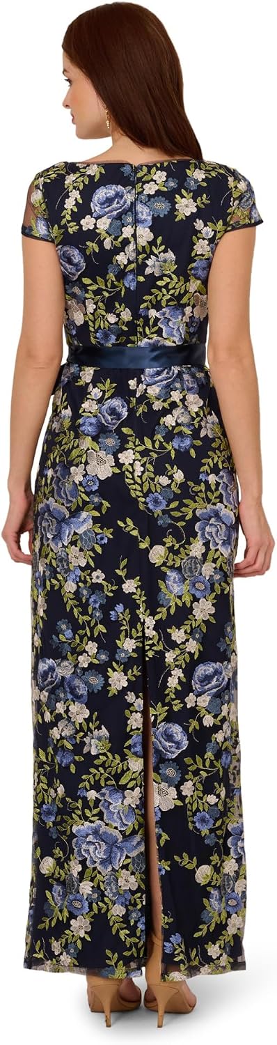 Adrianna Papell Cascading Floral Embroidered Long Column Gown