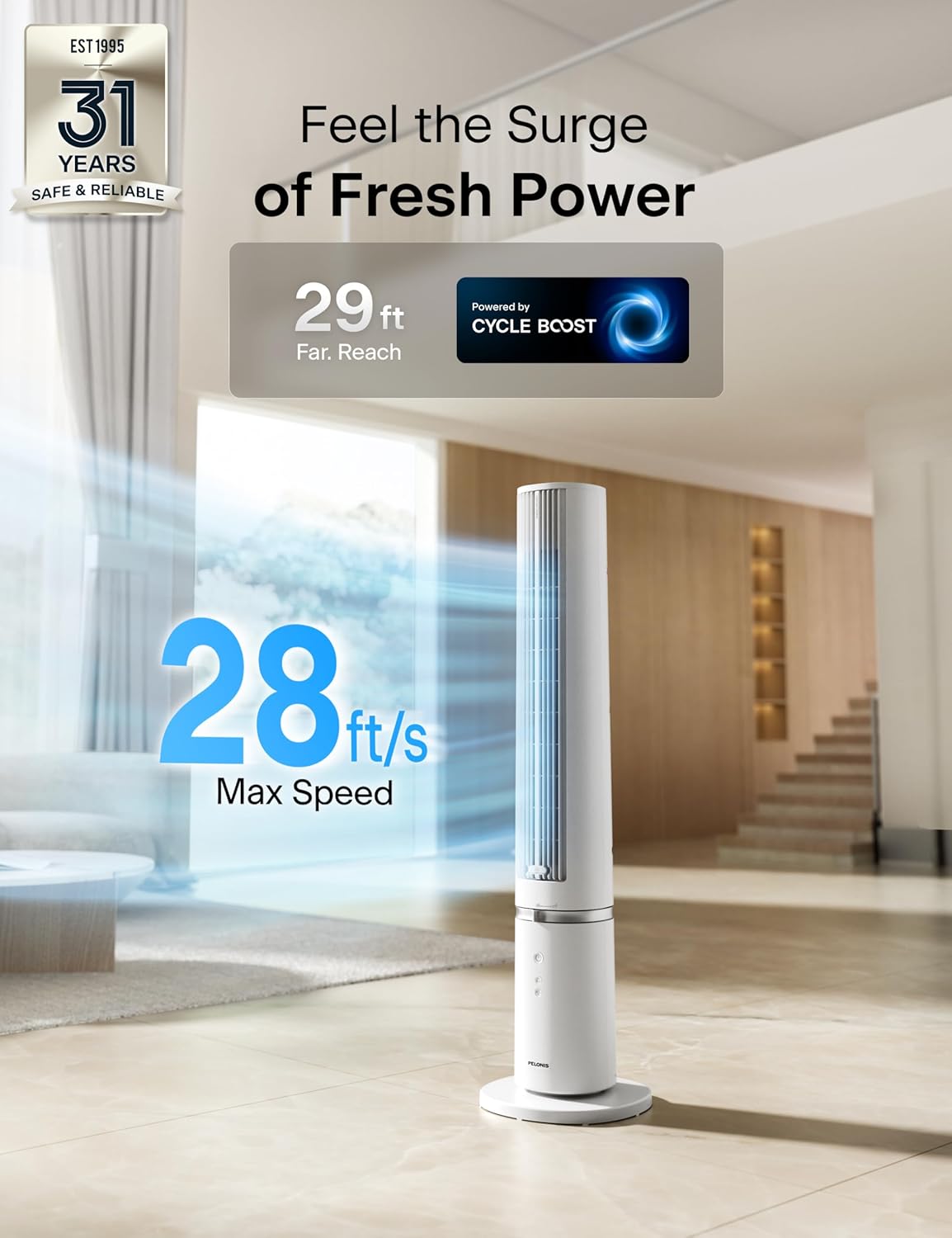 PELONIS 40-inch Bladeless Tower Fan for Bedroom, Standing Fan with Remote Control, 26ft/s, 90° Oscillation, 3 Speed Settings, 27 dB, 3 Modes