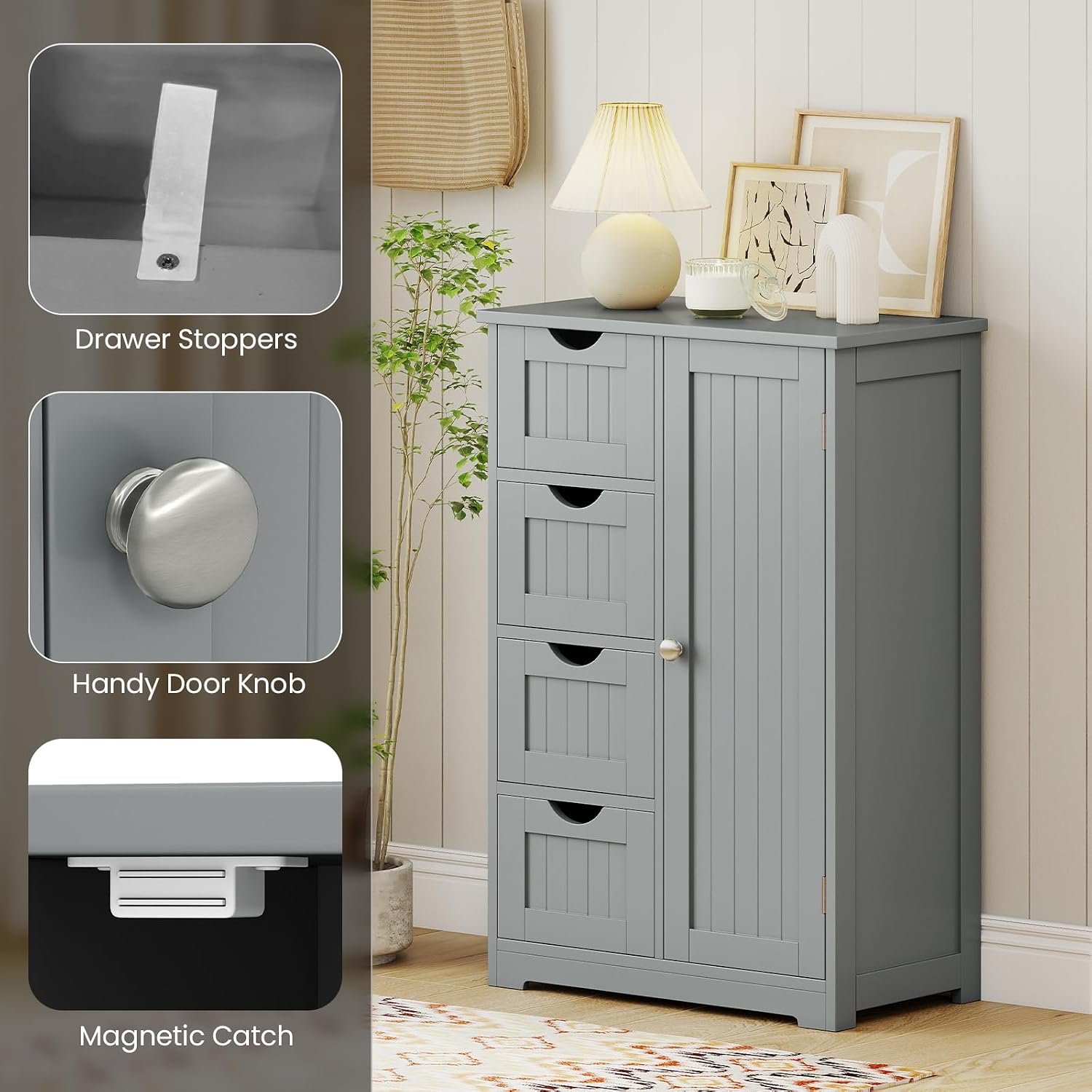 Giantex Storage Cabinet with 4 Drawers, Bathroom Storage Organizer with Cupboard, Adjustable Shelf, Anti-Toppling Device, Floor Cabinet, Entryway Storage Unit Console Table, White