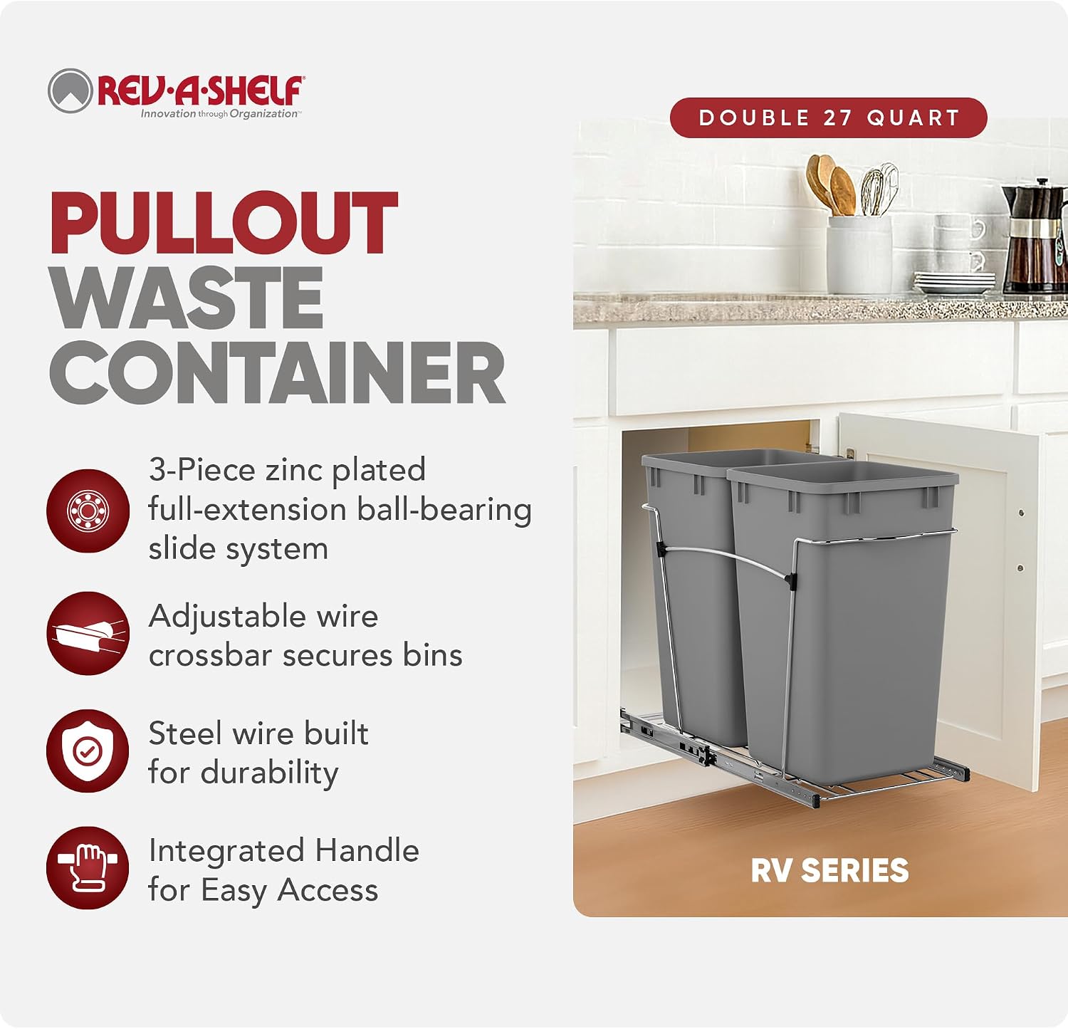 Rev-A-Shelf Double 27 Qt Pullout Trash Can for Base Kitchen Cabinets, Garbage Waste Bin System with Full Extension Slides, Min Opening Width of 11.5", Metallic Silver, RV-15KD-17C S