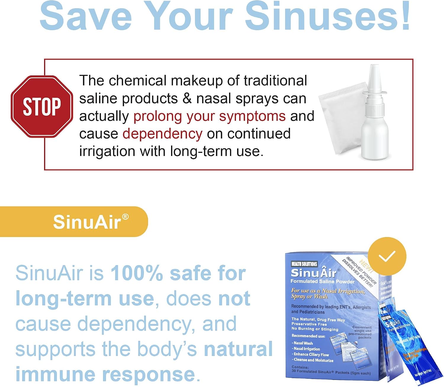 SinuAir Sinus Rinse Salt Solution - Saline Powder for SinuPulse System, Neti Pot Flush, Nasal Wash Squeeze Bottle, & Nose Irrigation, Enhanced Formulation & Cleaning for Sinuses, 180 Packets
