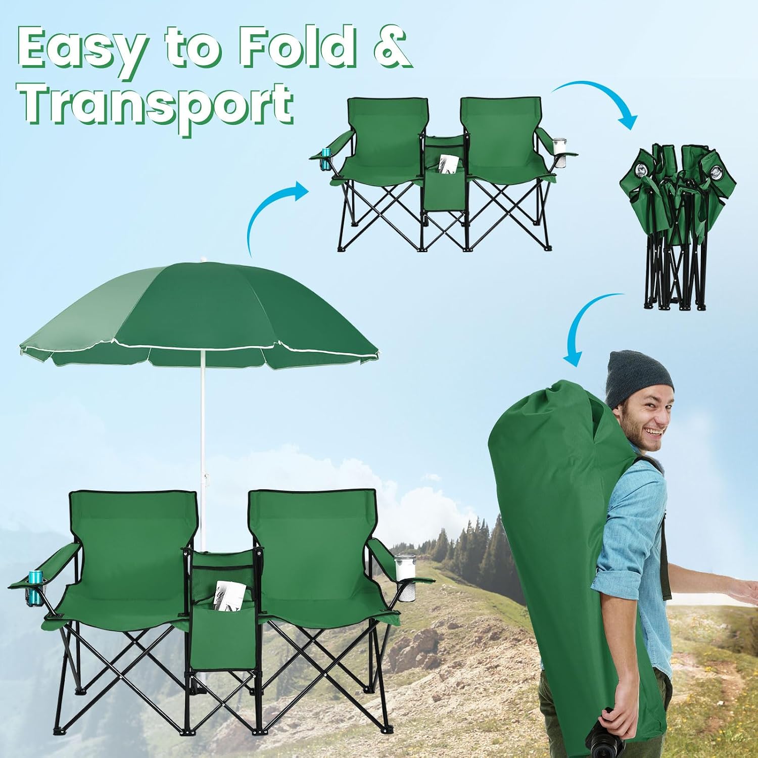 COSTWAY Double Portable Picnic Chairs, Folding Camping Chairs w/Detachable Umbrella, Cooler Bag, Cup Holders, Patio Beach Camping Chairs for Outdoors, Blue | Detachable Umbrella, Cooler Bag, Cup Holders, Patio Beach Camping Chairs for Outdoors, Blue