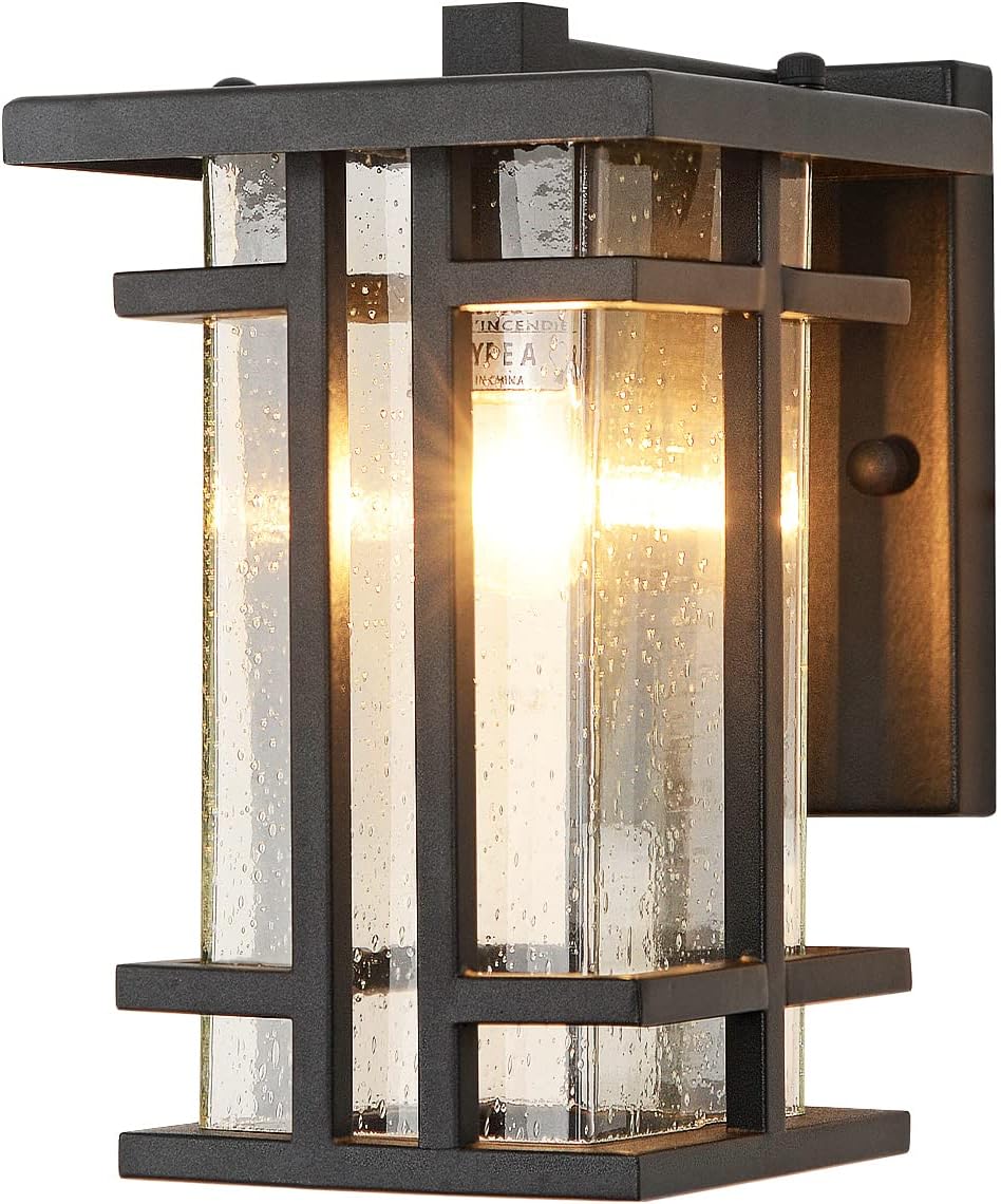 Rustic Dusk to Dawn Outdoor Wall Light Fixture 13.8"H Waterproof Exterior Wall Sconces Black Metal with Seeded Glass Sensor Outdoor Wall Lantern for