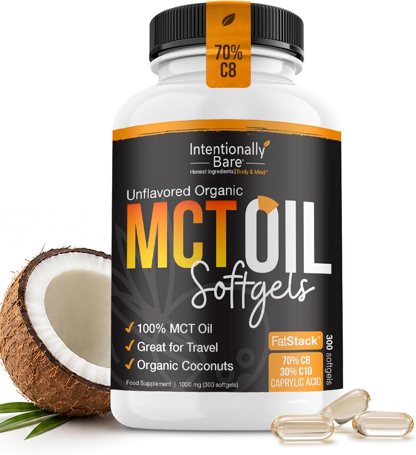 Intentionally Bare Organic MCT Oil Capsules - C8 & C10 Soft gels- 300 ct | Organic C8/C10 MCT oil pills, from 100% pure coconuts