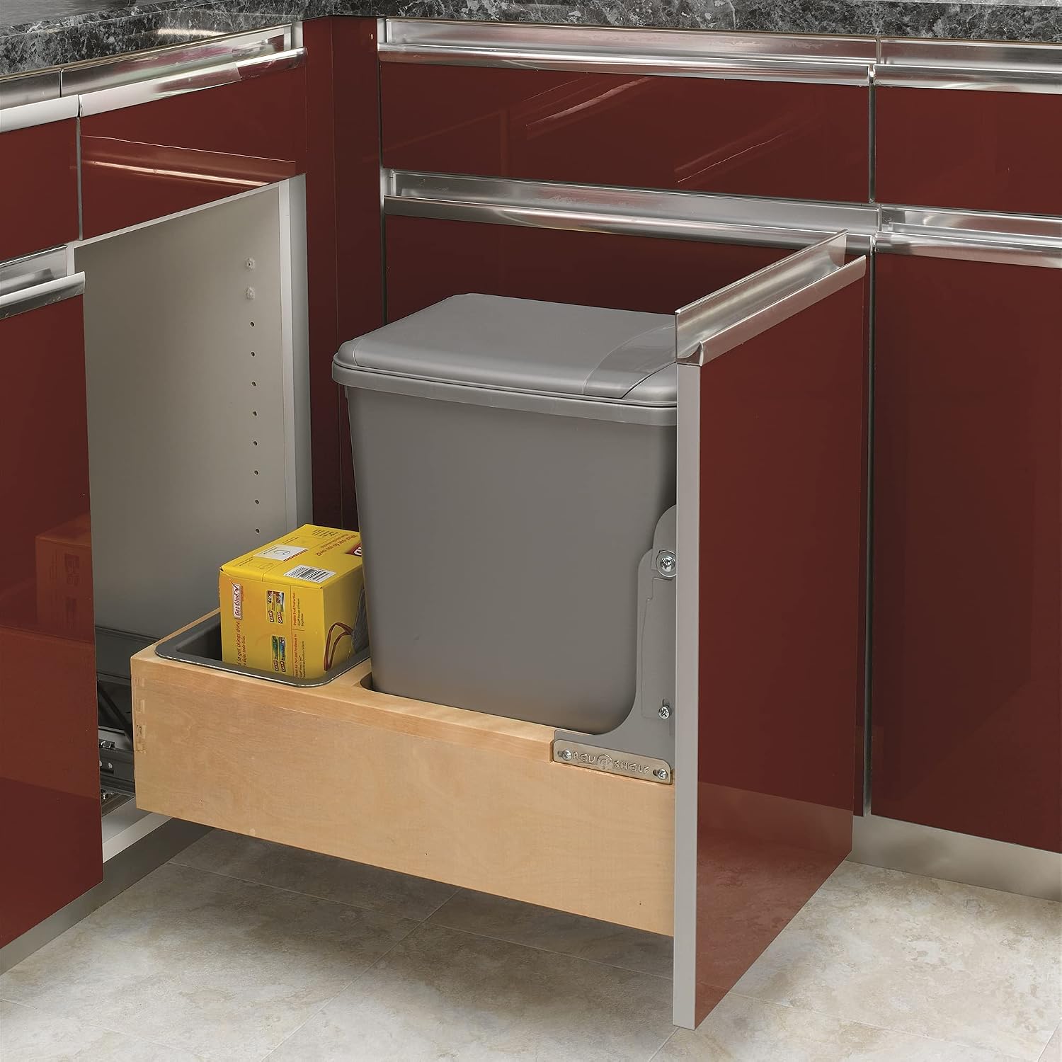 Rev-A-Shelf 35 Qt Bottom Mount Single Pullout Under Cabinet Kitchen Trash Cans for Base Cabinets, 150 Pound Rated Full-Extension Slides, Min Opening Width of 11.5", Silver, 4WCBM-15DM-1