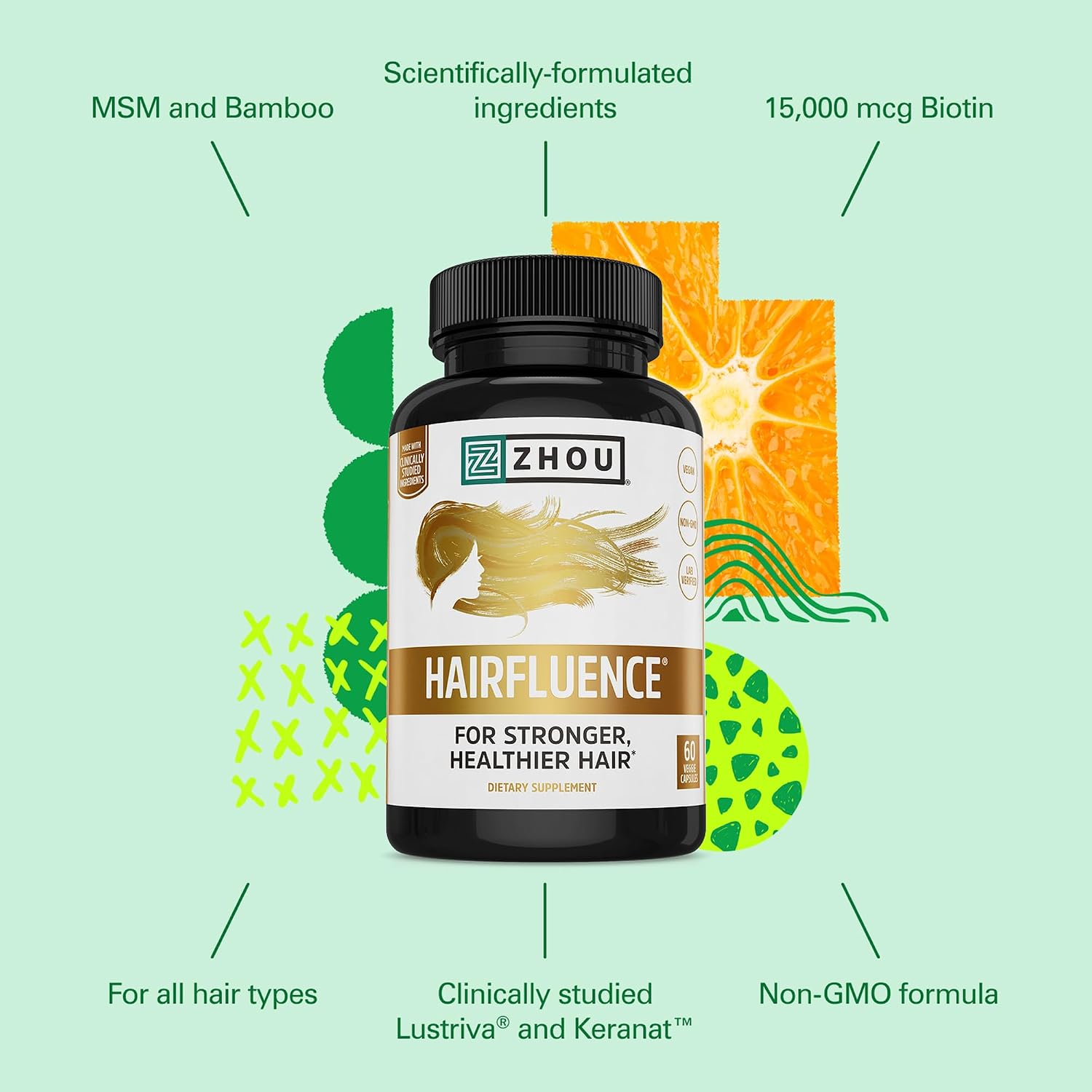 Zhou Hairfluence Supplement - 60 Veggie Capsules (Pack of 1) | Vegan Biotin Supplement for Hair Growth for Men & Women, Supports Stronger & Healthier Hair & Nails