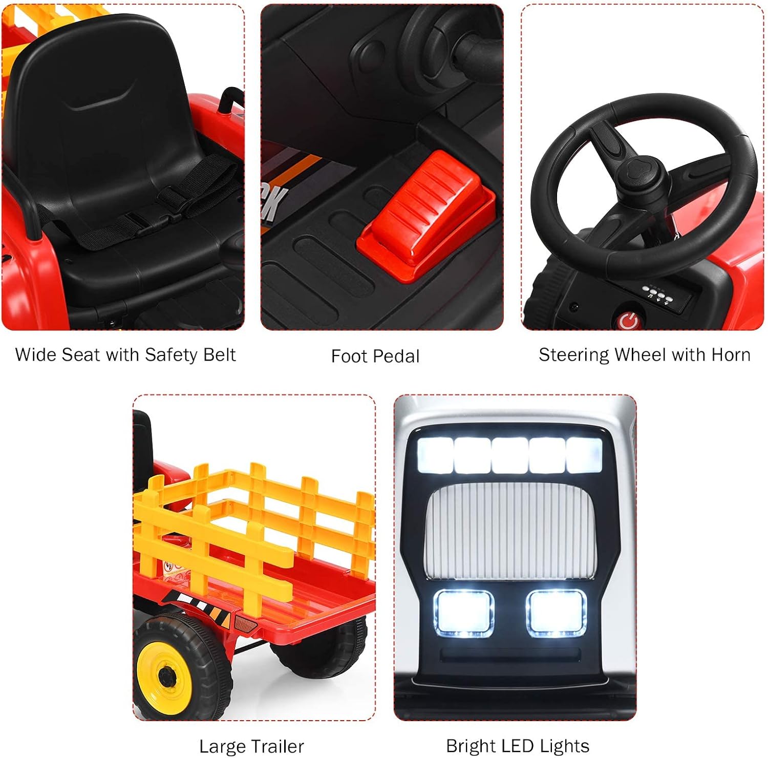 Costzon Ride on Tractor with Detachable Trailer, Kids' Electric Vehicles w/3-Gear-Shift Ground Loader, Wireless Design & USB, 7 LED Headlights