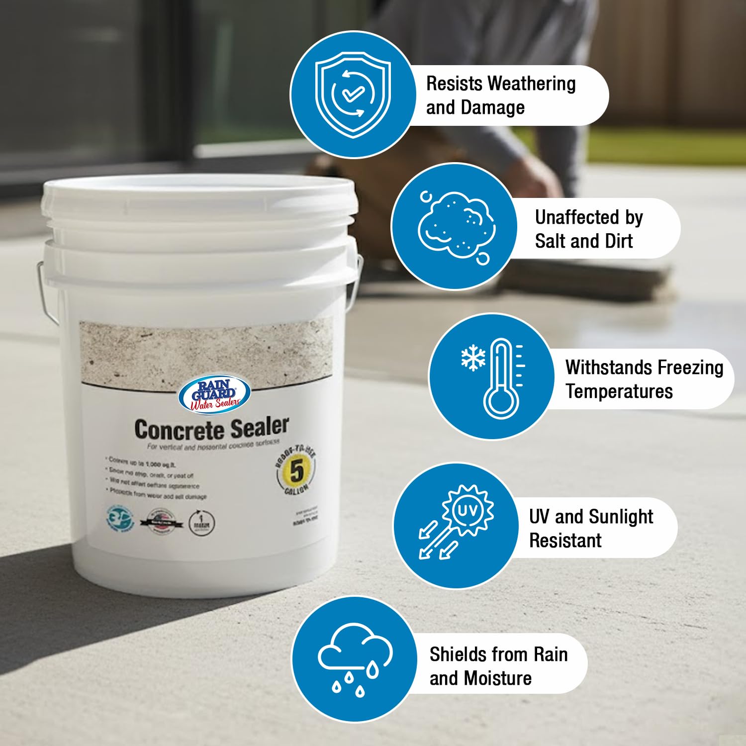 Rain Guard Concrete Sealer 5 Gallon | Ready to Use | Natural Finish | Deep Penetrating Protection Against Water and Salt Damage for All Concrete Surfaces | Silane/Siloxane Waterproofer | Ready To Use, Natural Finish, Clear, Deep Penetrating Protection Ag…