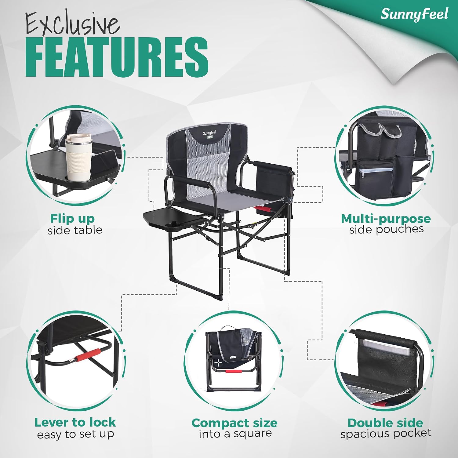 SUNNYFEEL Oversized Camping Directors Chair 500 LBS Heavy Duty, Portable Folding Chair with Side Table, Pocket for Beach, Fishing, Trip, Picnic, Lawn