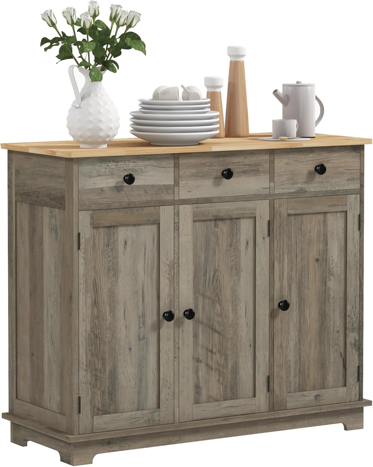 HOMCOM Sideboard Buffet Cabinet Solid Wood Countertop White