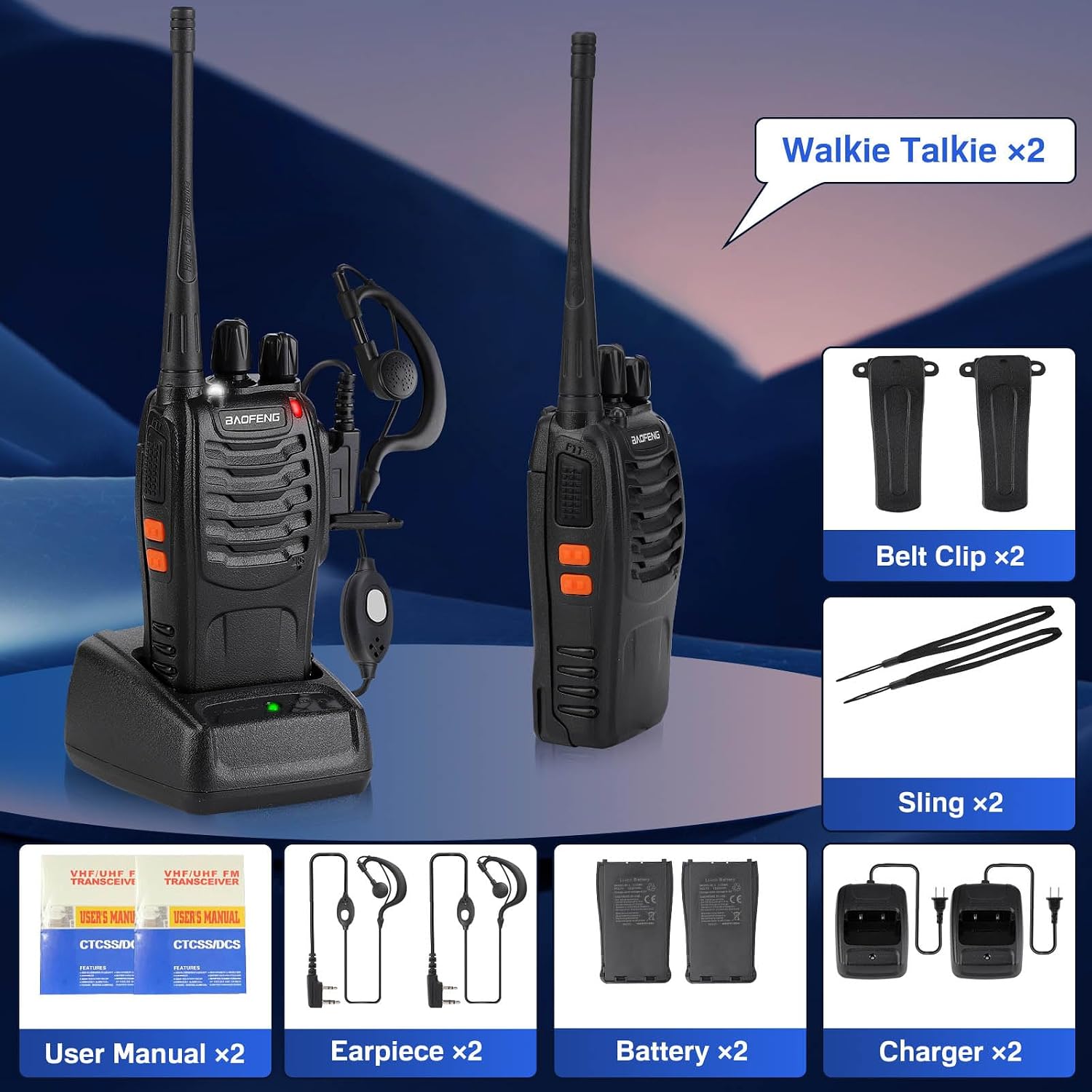 Baofeng Walkie Talkies 888S Rechargeable Long Range with Earpieces for Adults, 16 Channel Professional Radio Handheld Two Way Radios Li-ion Battery and Charger Included (10pack with 10earpiece)