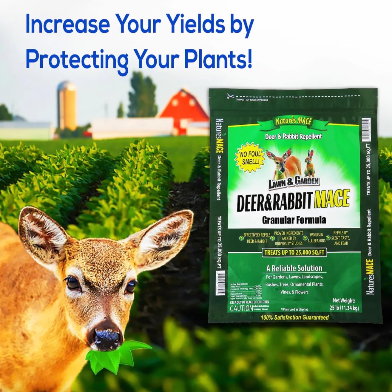 Nature's MACE Deer & Rabbit Repellent 25 lb Granules | Covers 25,000 Sq Ft, Repel Deer from Your Home & Garden, Deterrent, Safe to use Around Children, Plants, Produce.