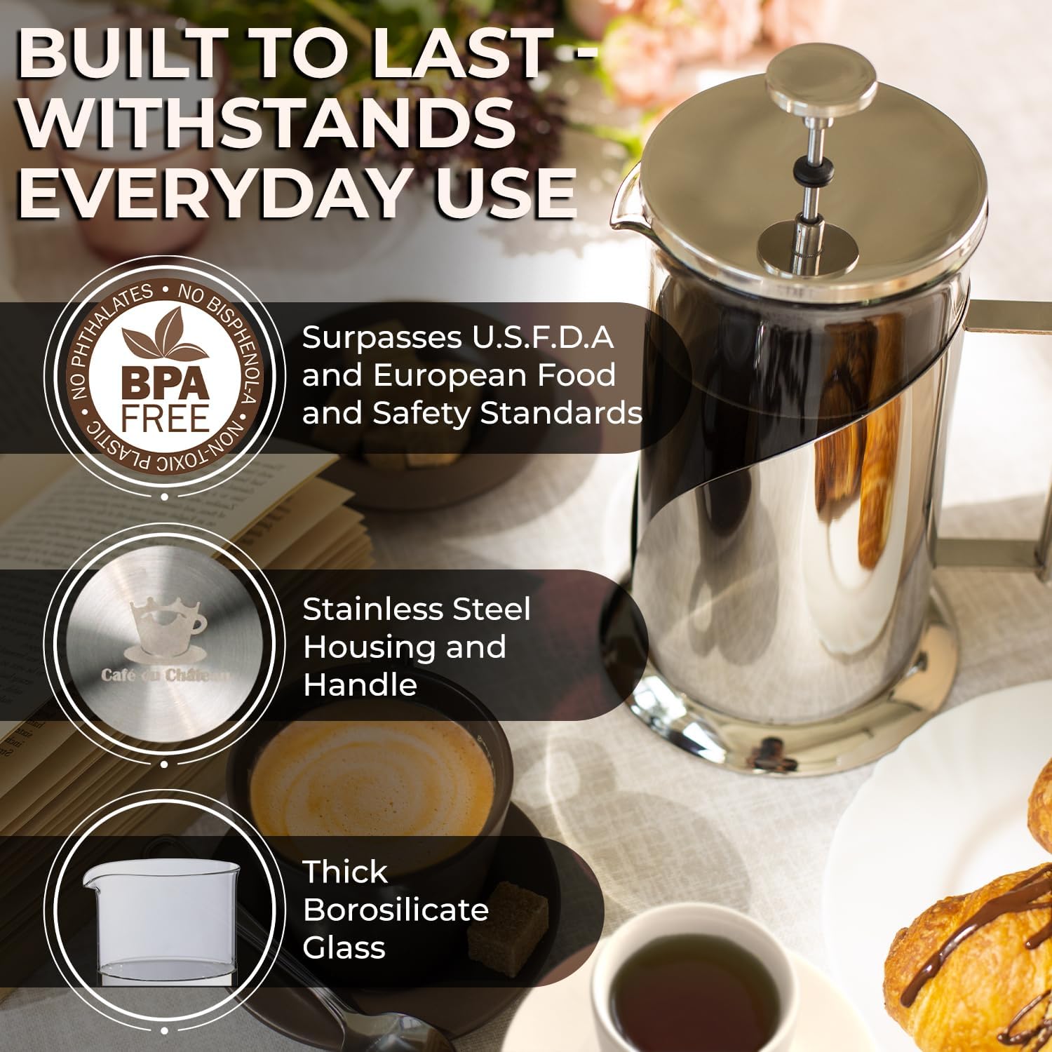 Cafe Du Chateau French Press Coffee Maker, 34 oz Glass, Stainless Steel | Easy Brew, Durable Clear Glass, 4-level Filtration, 34 oz Capacity, Coffee Press for Camping, Tea Brewer, BPA-Free Materials