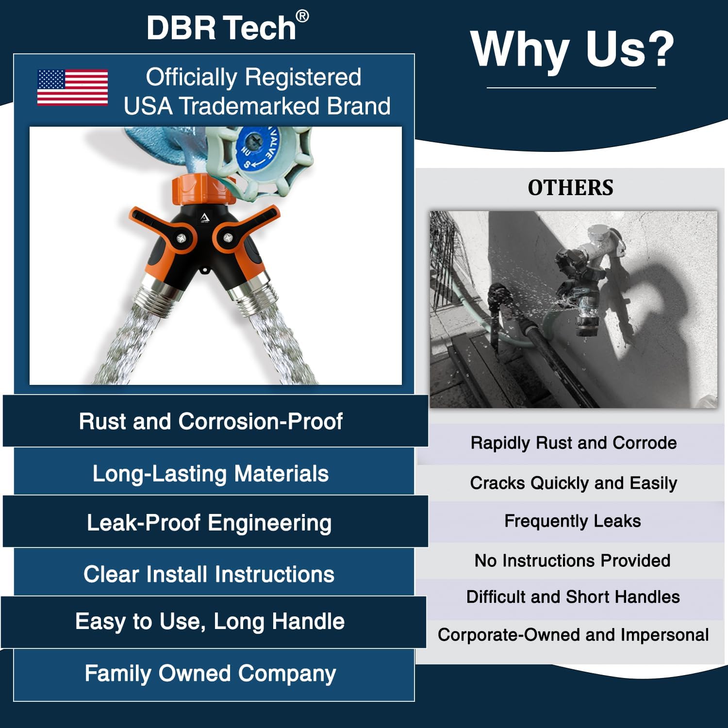 DBR Tech® Hose Splitter 2 Way, Heavy Duty Metal Connector, Two Way Garden Hose Splitter, High Flow Spigot Faucet Bib Adapter