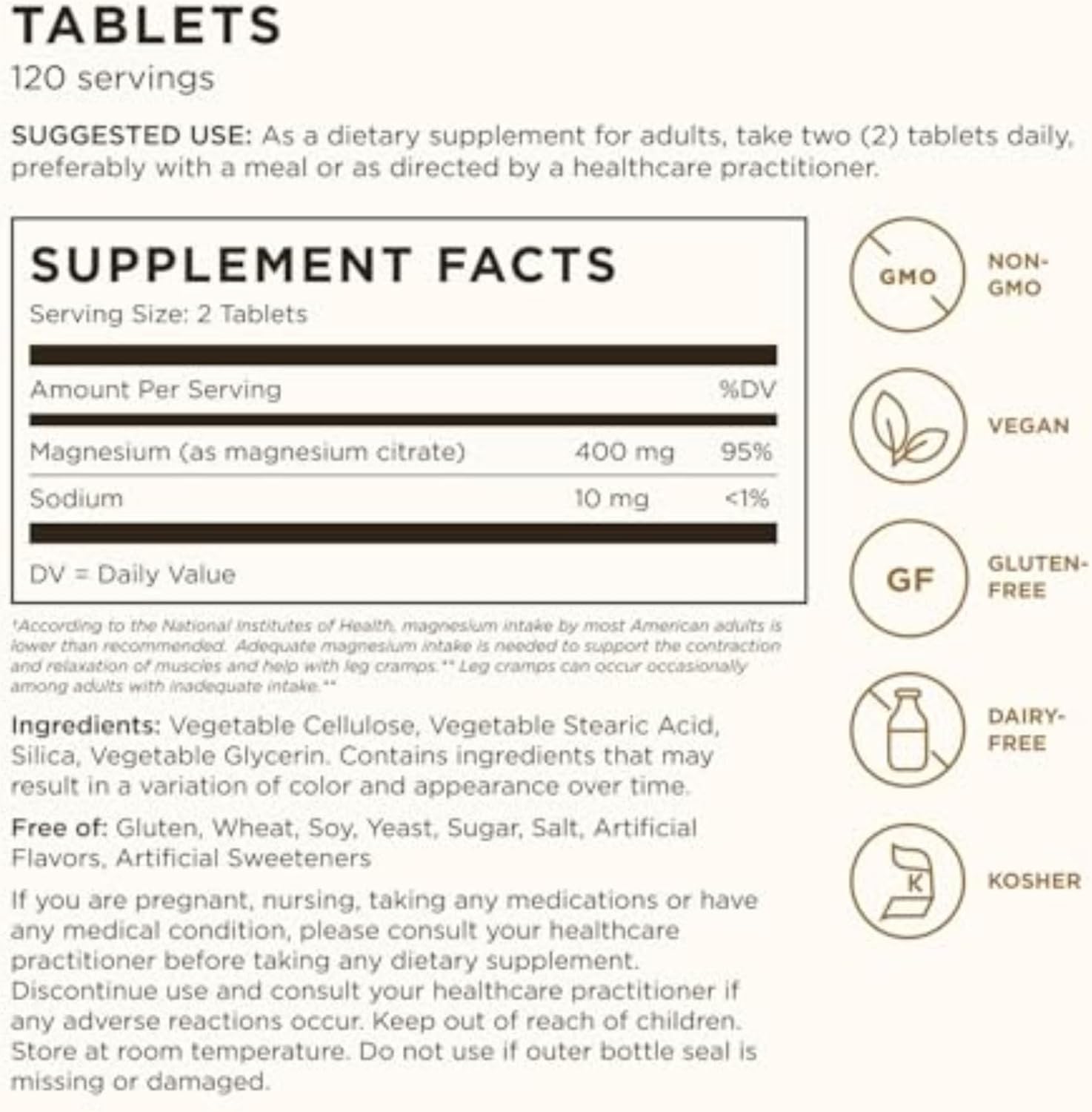 Solgar Magnesium Citrate, 120 Tablets - Promotes Calm, Non-GMO, Gluten Free | Supports Muscle Function and Relaxation, Gluten Free - 120 Tablet Serving